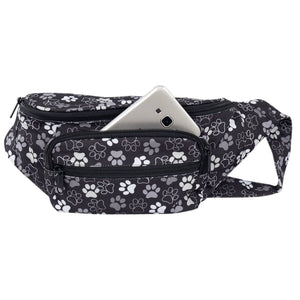 Schwarze Gassi-Tasche Torino mit weißem Pfotenmuster und wasserabweisendem Stoff mit Handyfach