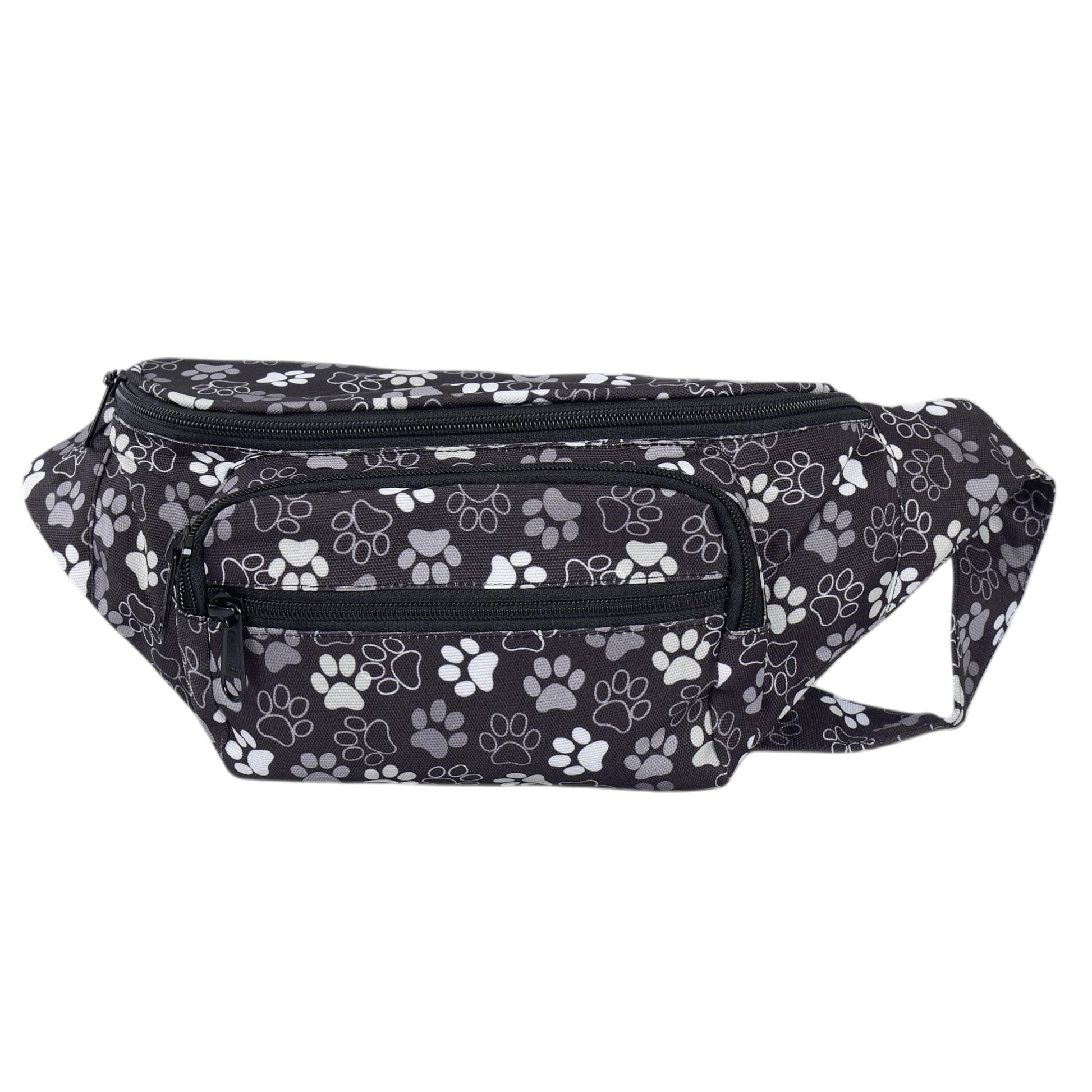 Schwarze Gassi-Tasche mit weißem Pfotenmuster und wasserabweisendem Stoff – ideal für Spaziergänge mit Hund bei Wind und Wetter