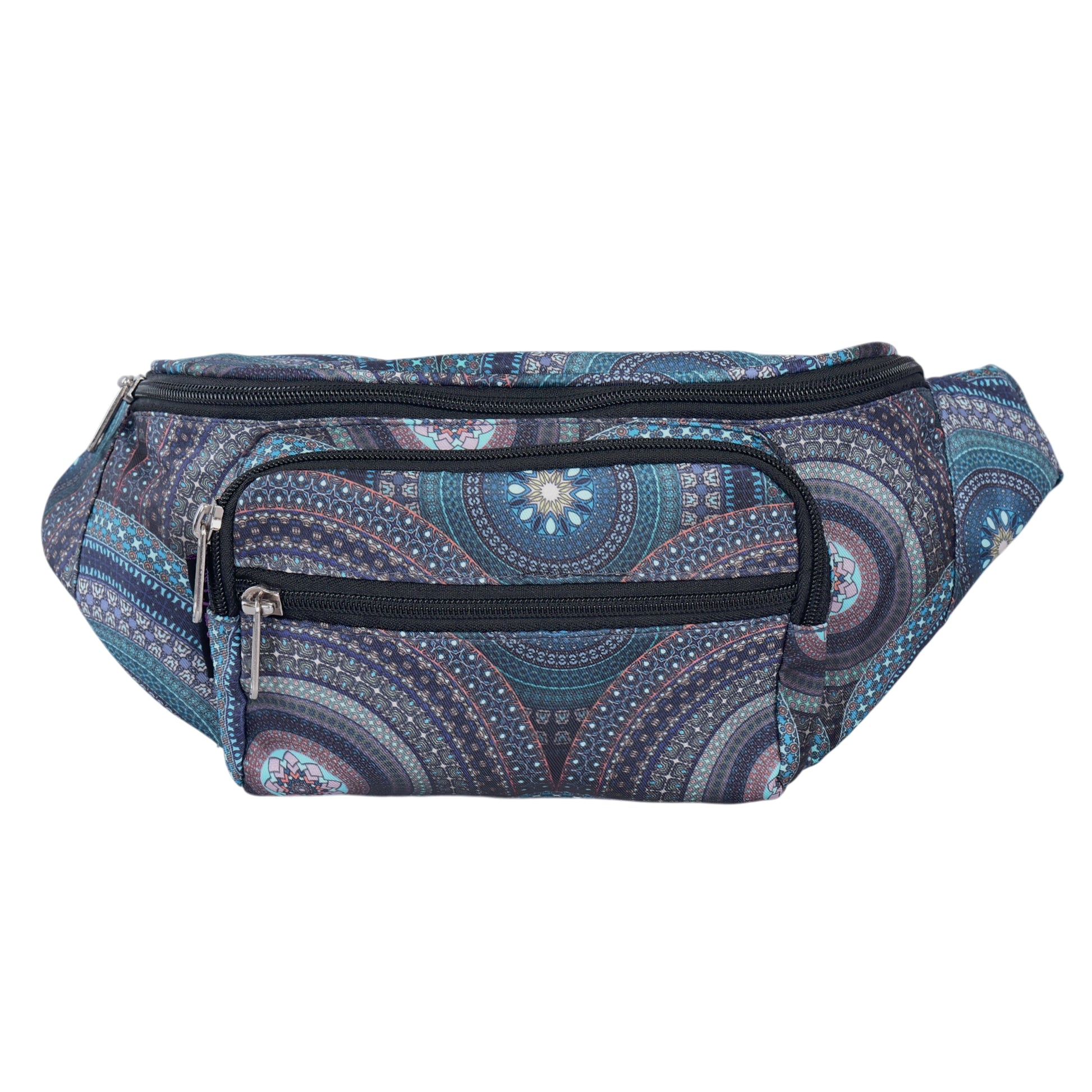 Frontansicht der Bauchtasche aus wasserabweisendem Material mit Mandala-Design in Blau und Petrol – ideal für Training und Alltag mit Hund