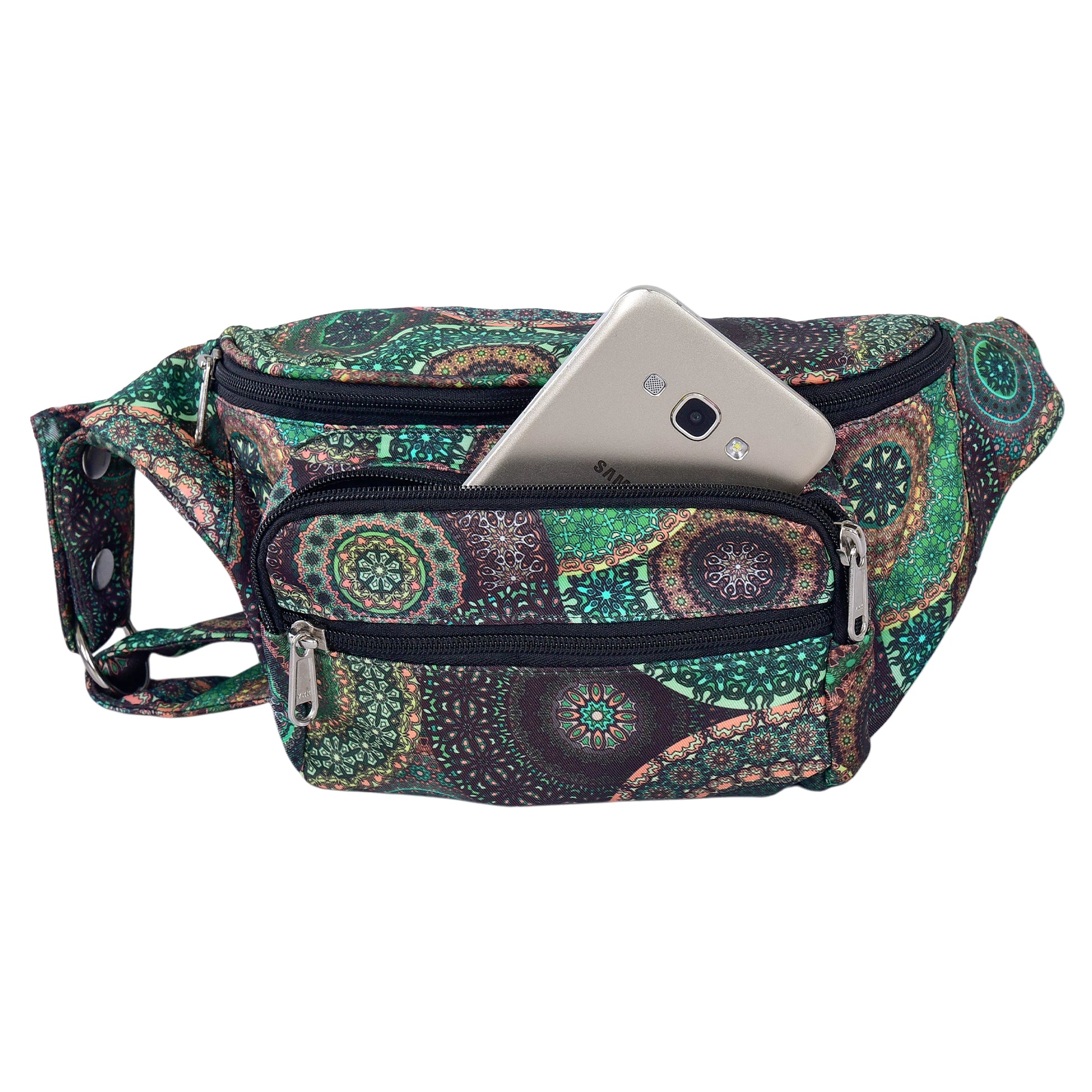Wasserabweisende Crossbody Gassi-Tasche Torino mit Mandala-Muster in Grün-Braun mit Handyfach