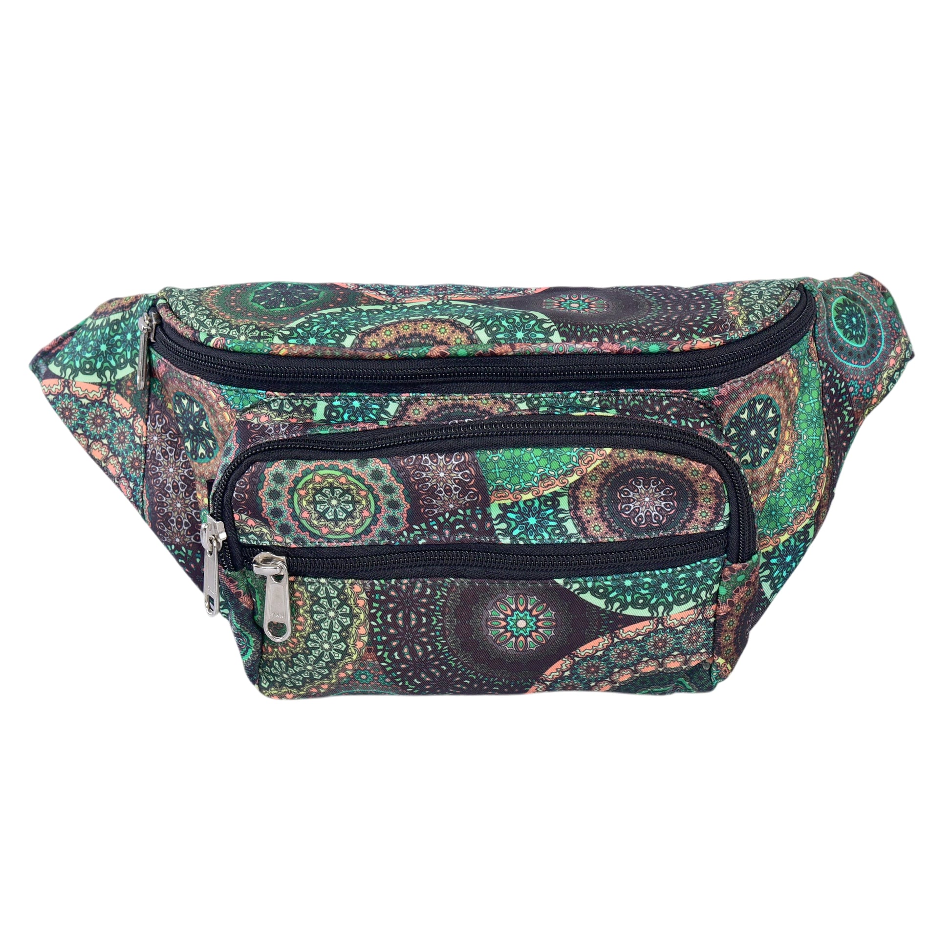 Frontansicht der Crossbody Gassi-Tasche Torino mit Mandala-Muster in Grün-Braun – ideal für Spaziergänge mit Hund