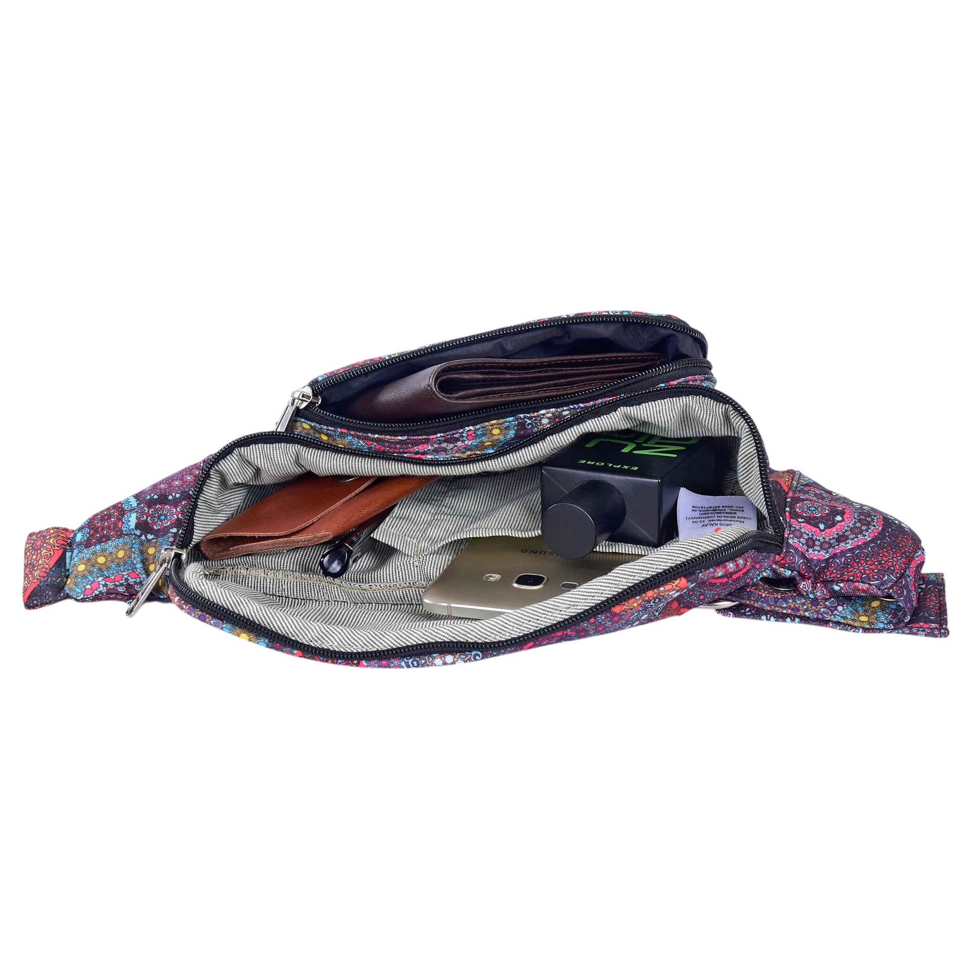 Offene Mandala-Tasche mit Portemonnaie, Handy – perfekte Organisation für unterwegs.