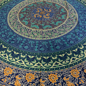 Mandala Hippie Tagesdecke blau-grün-gelb.
