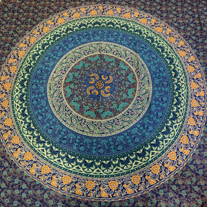 Indisches Laken Wandtuch Mandala Hippie Tagesdecke blau-grün-gelb.
