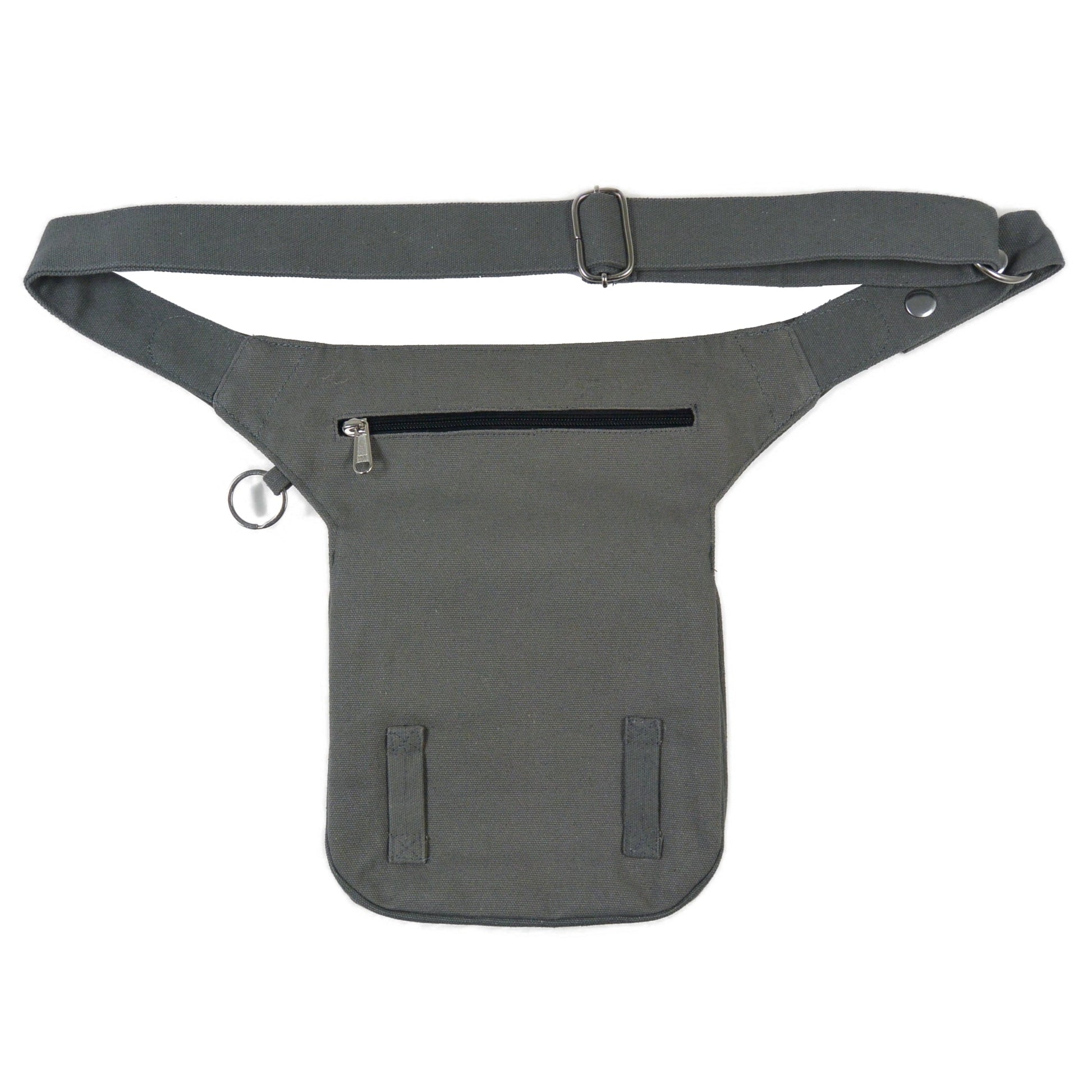 Rückseite der Gassi-Tasche mit Reißverschlussfach und stabilem Canvas-Gurt in grün-grau.