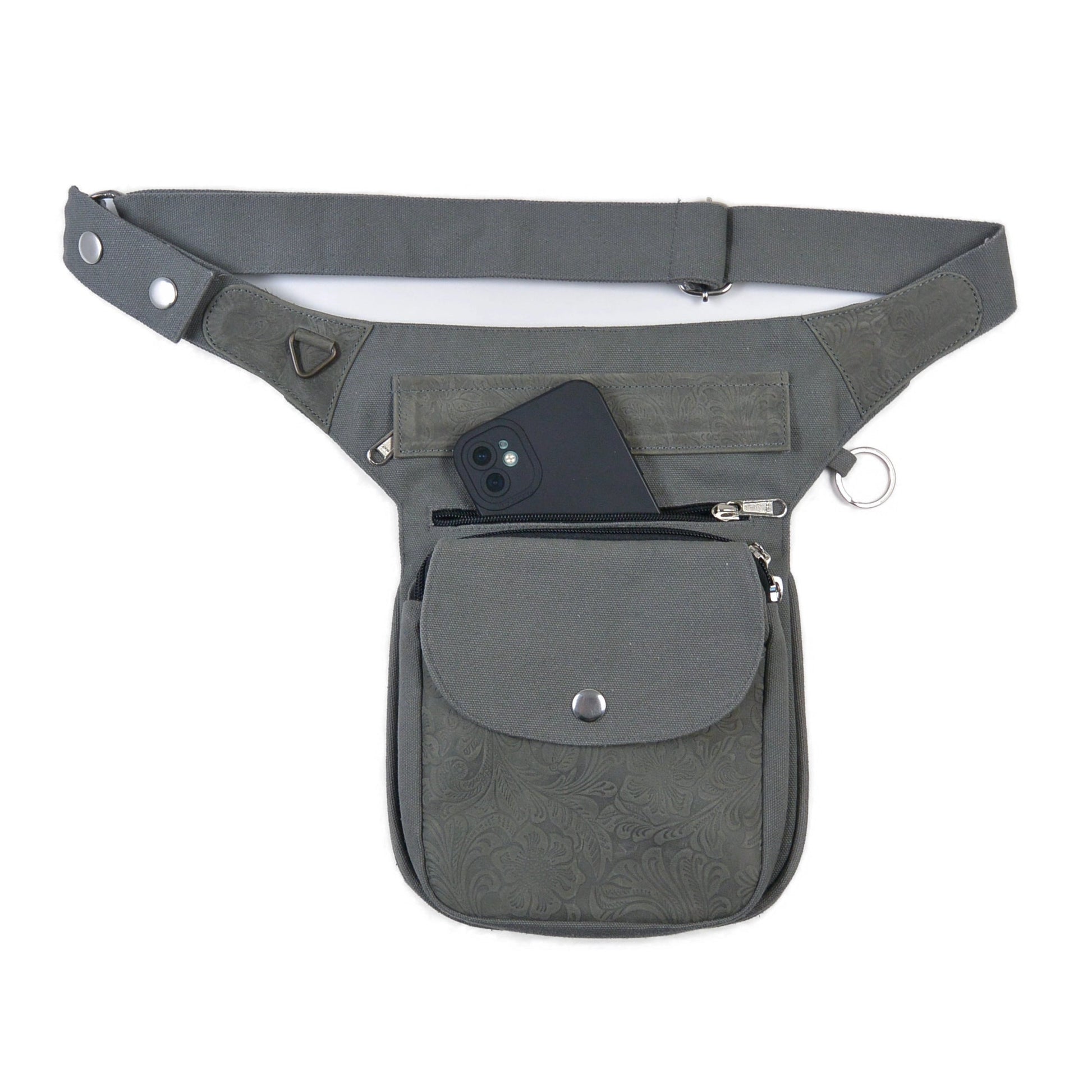 Vorderseite der graue Nijens Super-Hannover Gassi-Tasche aus Canvas und Echtleder, floral geprägt mit mittigem Reißverschlussfach für Handy.