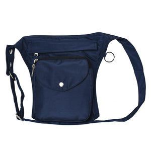 Wasserabweisende Gassitasche Barcelona in Dunkelblau aus robustem Stoff mit mehreren Fächern und verstellbarem Gurt. Frontansicht.