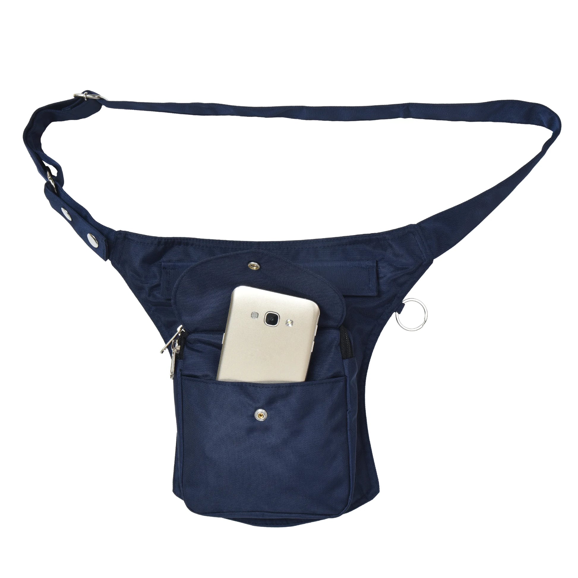 Wasserabweisende Gassitasche Barcelona in Dunkelblau aus robustem Stoff mit mehreren Fächern und verstellbarem Gurt, mit Handyfach