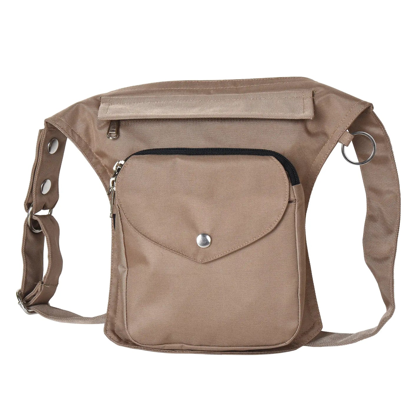 Frontansicht der wasserabweisenden Gassitasche Barcelona in Beige mit Druckknopf-Tasche.