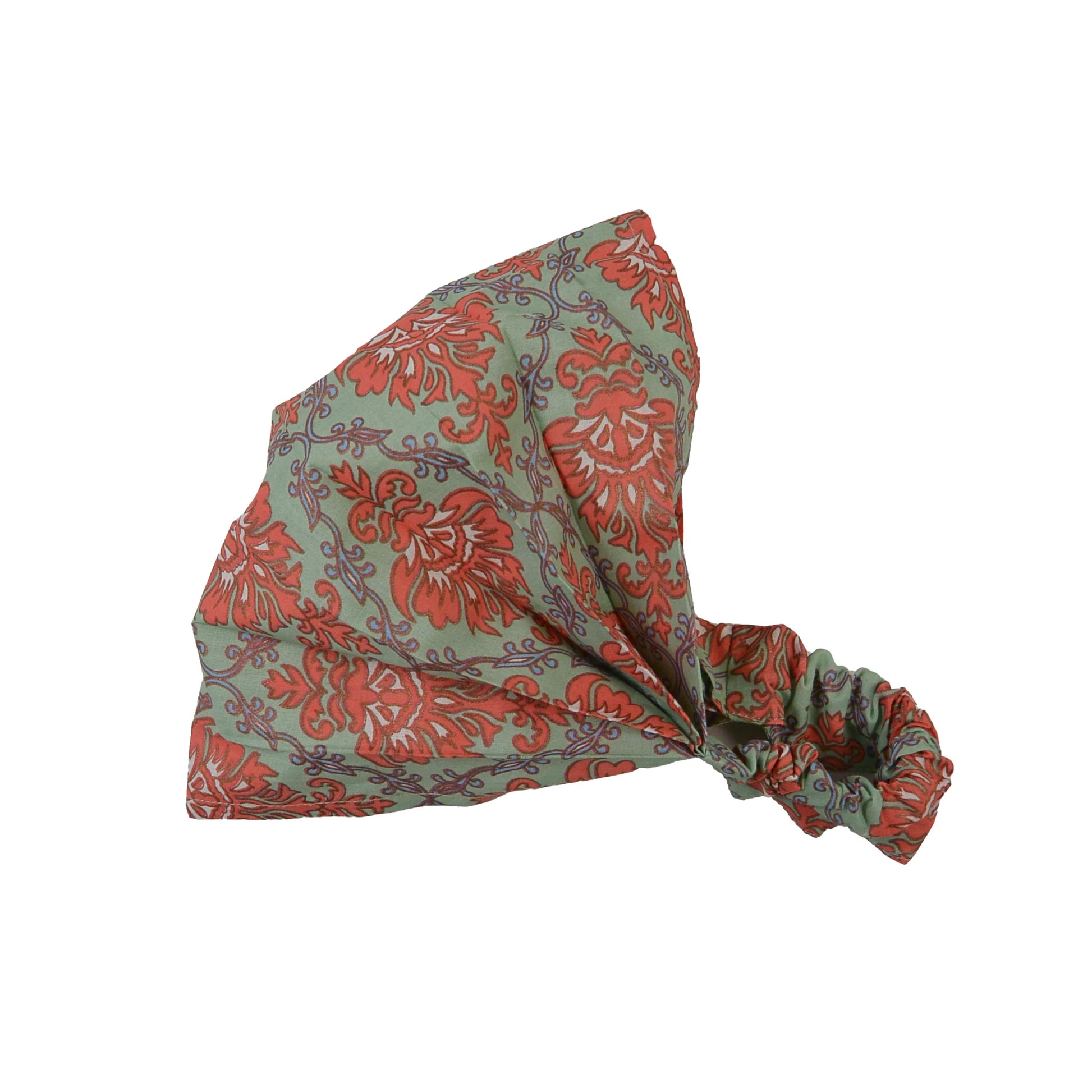 Stoff-Haarband aus Baumwolle in Salbeigrün mit rotem floralen Ethno-Muster, elastisches Bandana seitlich fotografiert