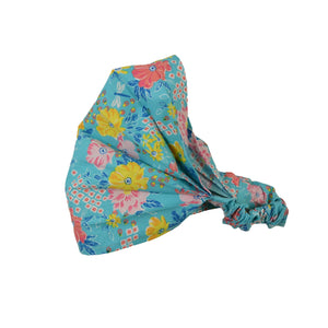 Breites Stoff-Haarband aus Baumwolle in Türkis mit buntem Blumenmuster, elastisches Bandana für Sommer und Urlaub