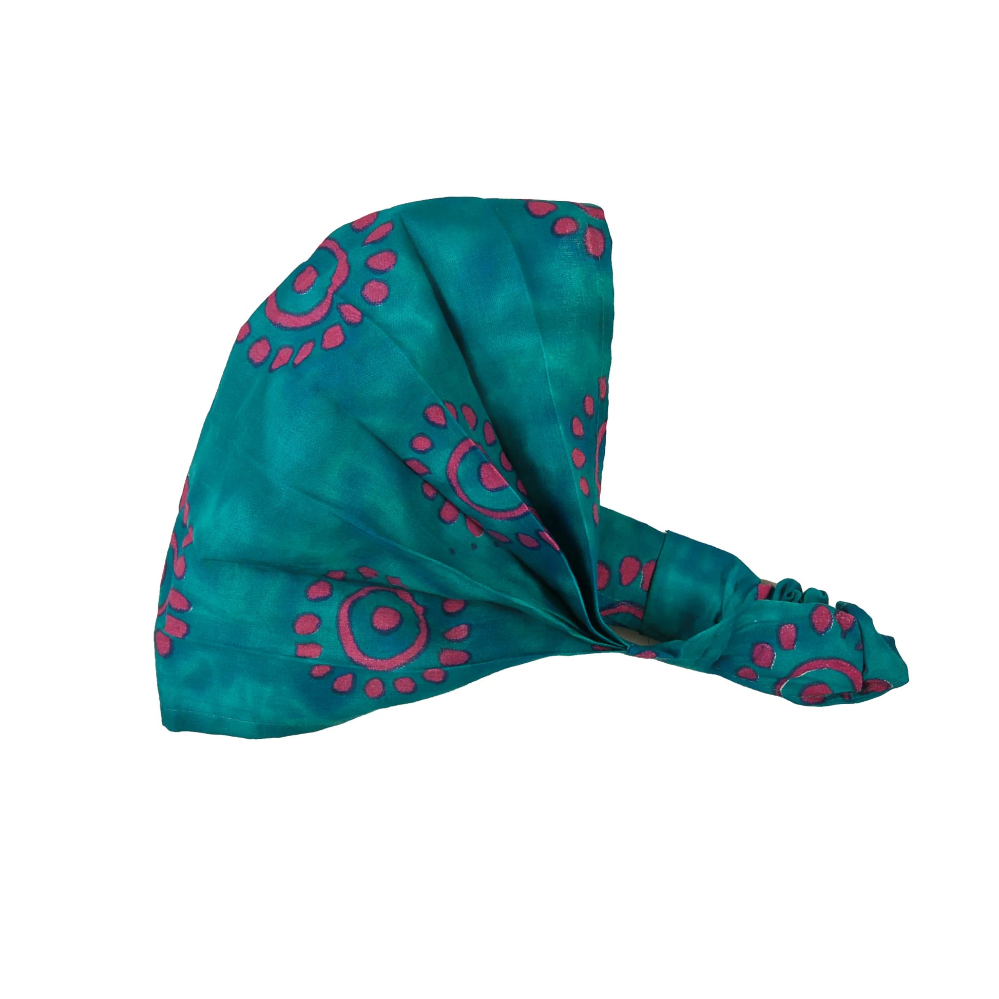 Elastisches Stoff-Haarband aus Baumwolle in Petrol mit pinkem Kreis-Muster, leichtes Bandana für Strand und Yoga