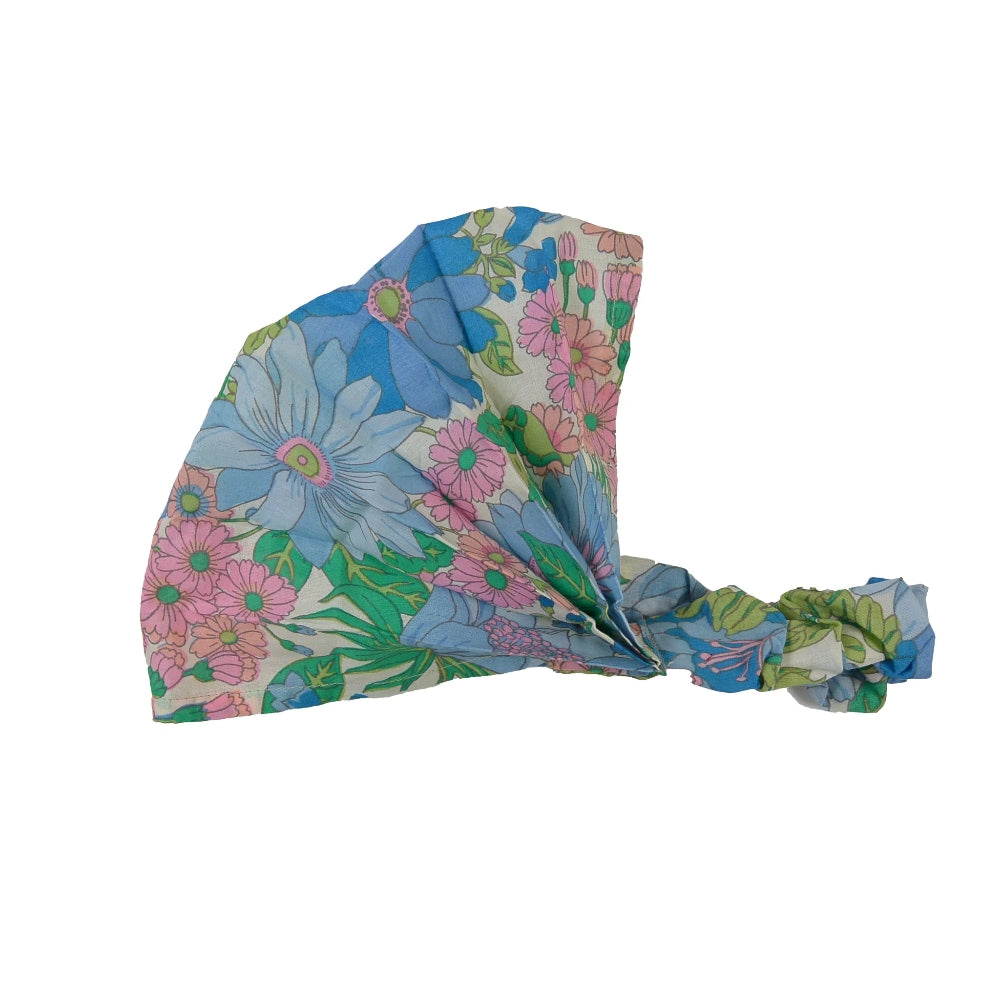 Breites Stoff-Haarband aus Baumwolle in Hellblau mit buntem Blumenmuster, elastisches Bandana für Sommer und Urlaub