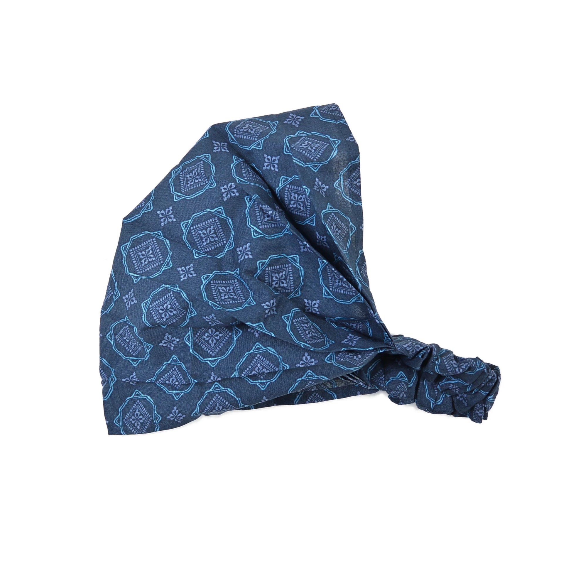 Elastisches Stoff-Haarband aus Baumwolle in Dunkelblau mit geometrischem Muster, breites Bandana