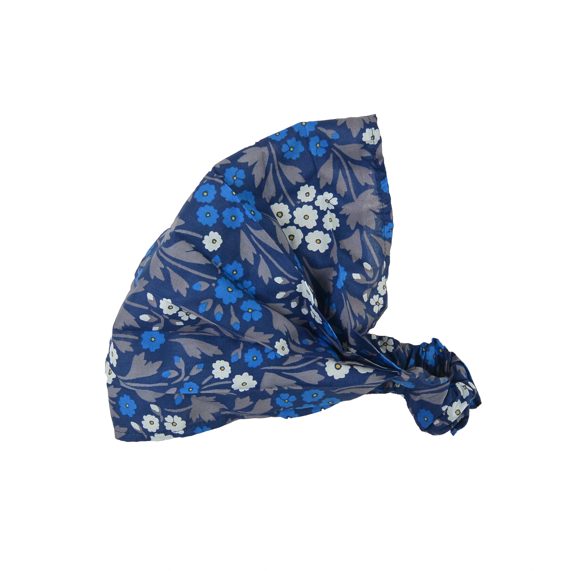 Stoff-Haarband aus Baumwolle mit Blumen-Muster in Blau, Grau und Weiß, elastisches Bandana