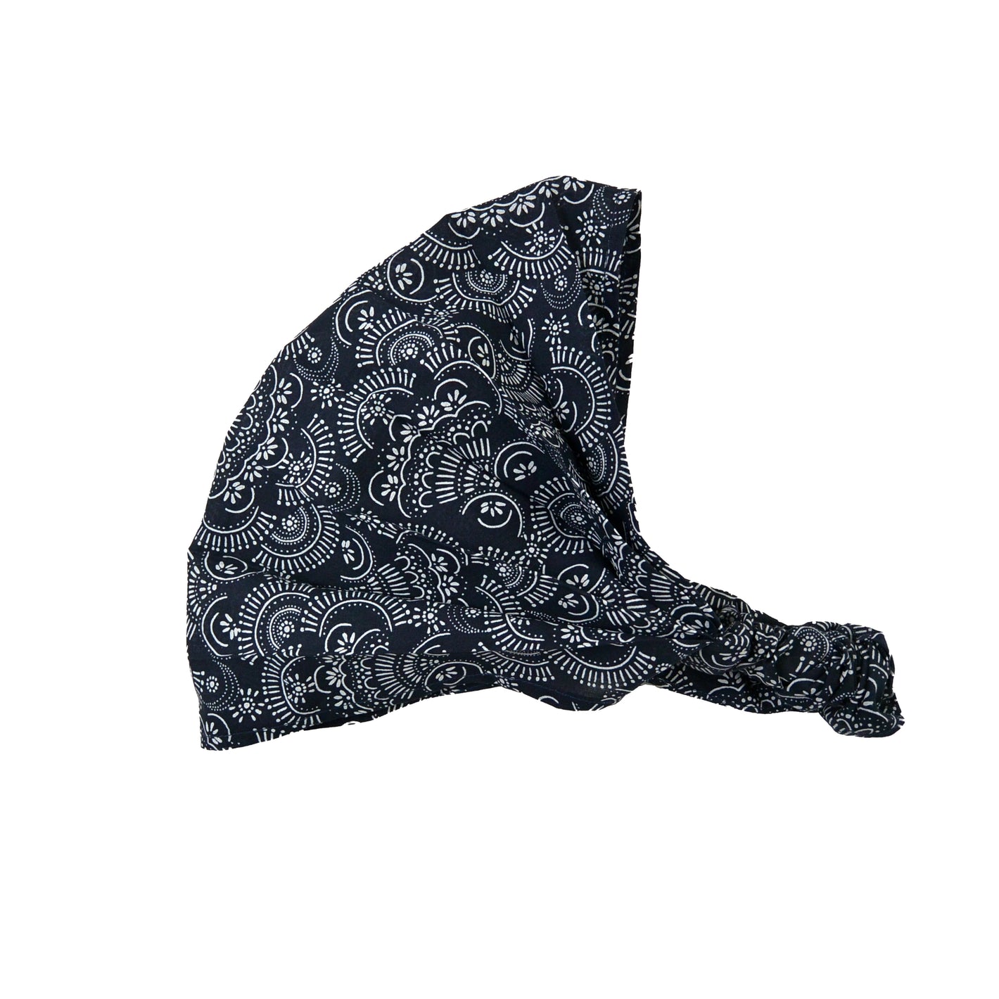 Nijens Stoff-Haarband in Dunkelblau mit weißem Mandala-Print, breites Bandana vor weißem Hintergrund