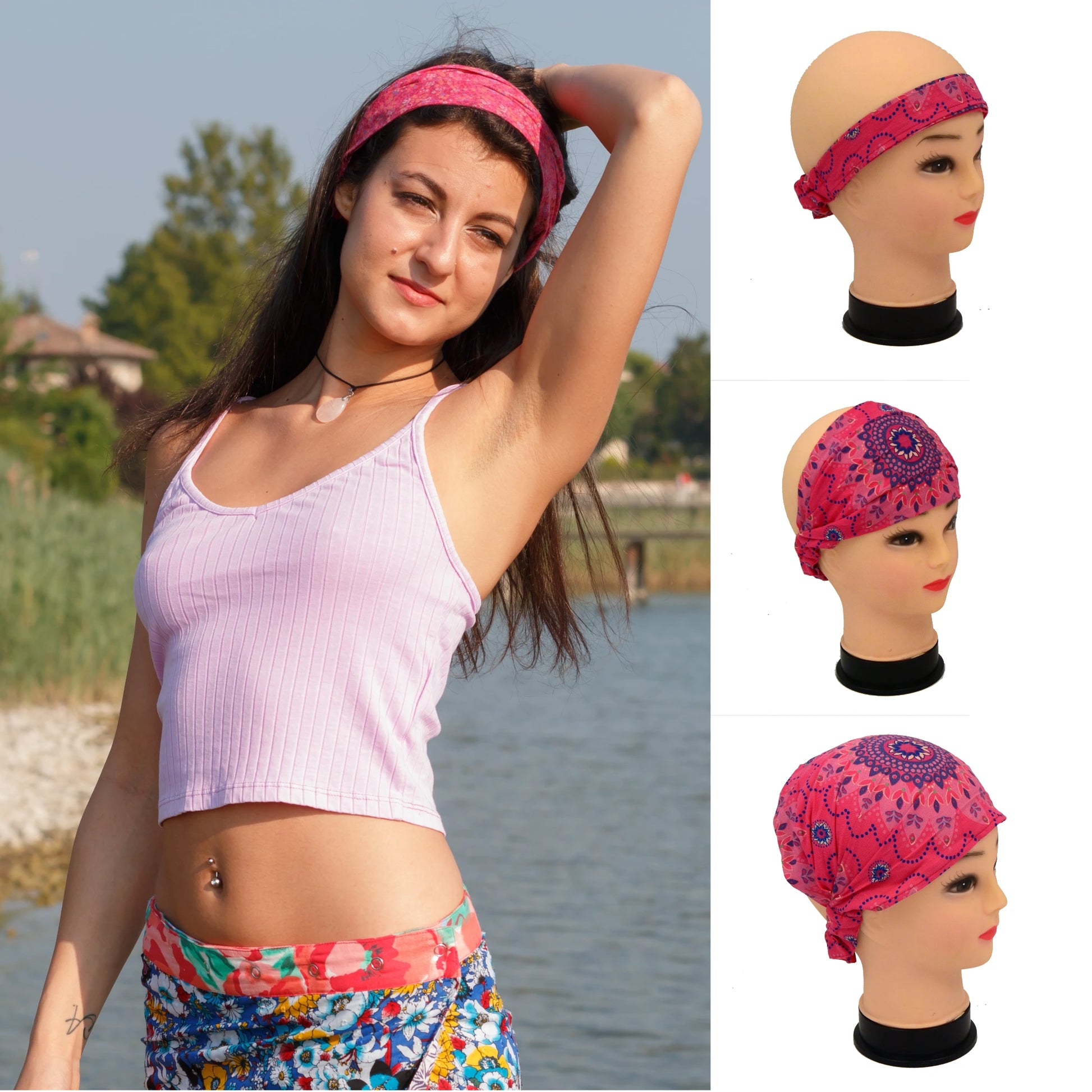 Frau trägt pinkes Stoff-Haarband mit Ethno-Muster am See, sommerlicher Look aus dem Nijens Shop
