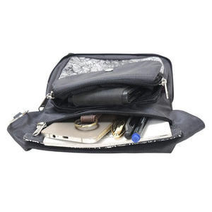 Gassi-Tasche, Gürteltasche Anthrazit und Wasserabweisendemit einem Ring zum Befestigen von kleinen Sachen. Diese Tasche besitzt zwei Reißverschlussfächer und ein Einsteckfach vorne, welches durch einen Überschlag mit Druckknopf verschließbar ist.