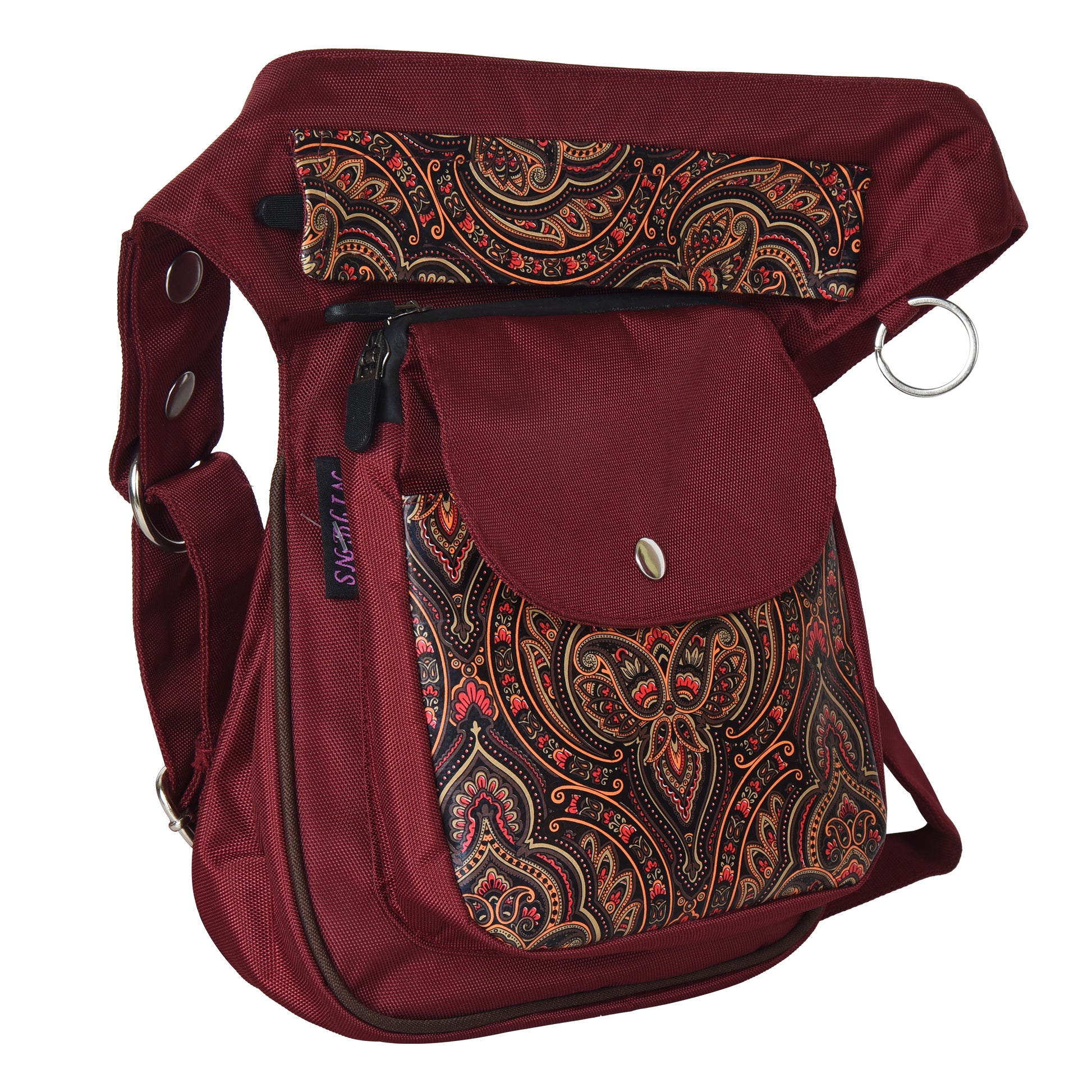 Gassi-Tasche Wasserdichte mit veganem Leder Paisley Nylon Dunkelrot - Hippie Tasche Nijens Shop