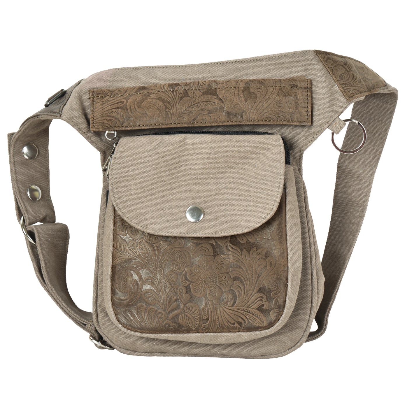 Nijens Gassi-Tasche Leder Vintage mit Blumen-Prägung Karamel-Sand-Braun