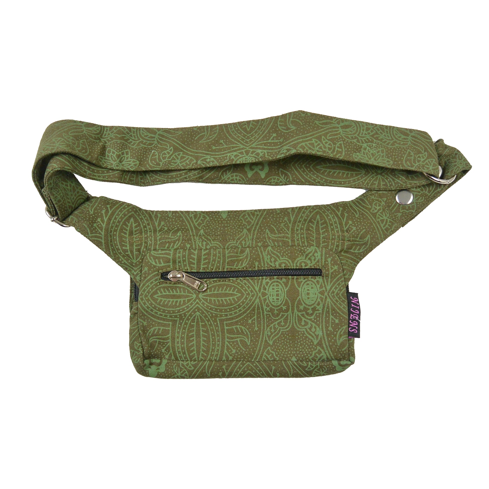 Olivfarbene Nijens Hüfttasche Kathmandu mit dezentem floralen Muster und Reißerschluss - Rückansicht.