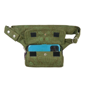 Olivfarbene Nijens Hüfttasche Kathmandu mit dezentem floralen Muster und Druckknopf-Verschluss, Handyfach.