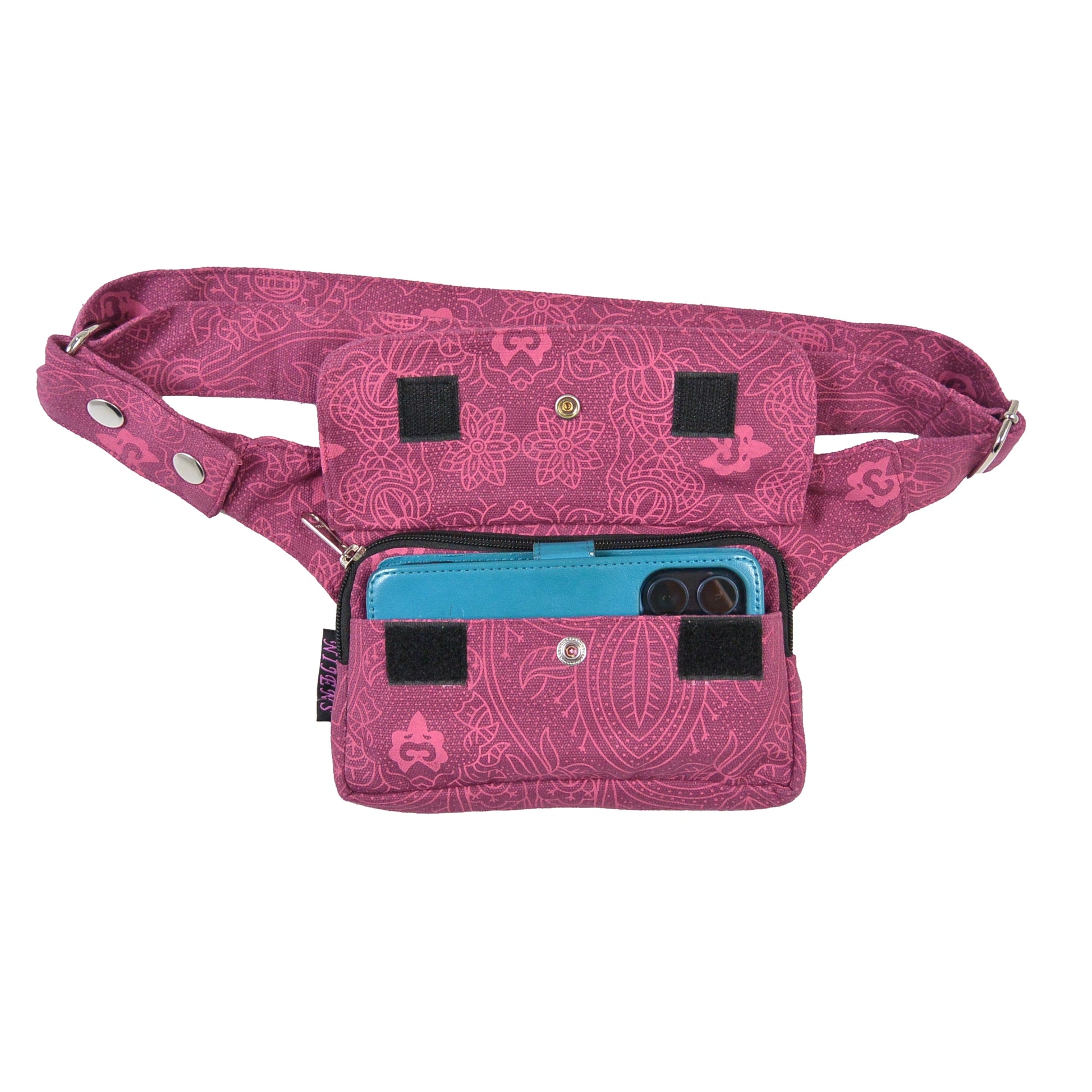 Fuchsiafarbene Nijens Hüfttasche Kathmandu mit dezentem floralen Muster und Druckknopf-Verschluss