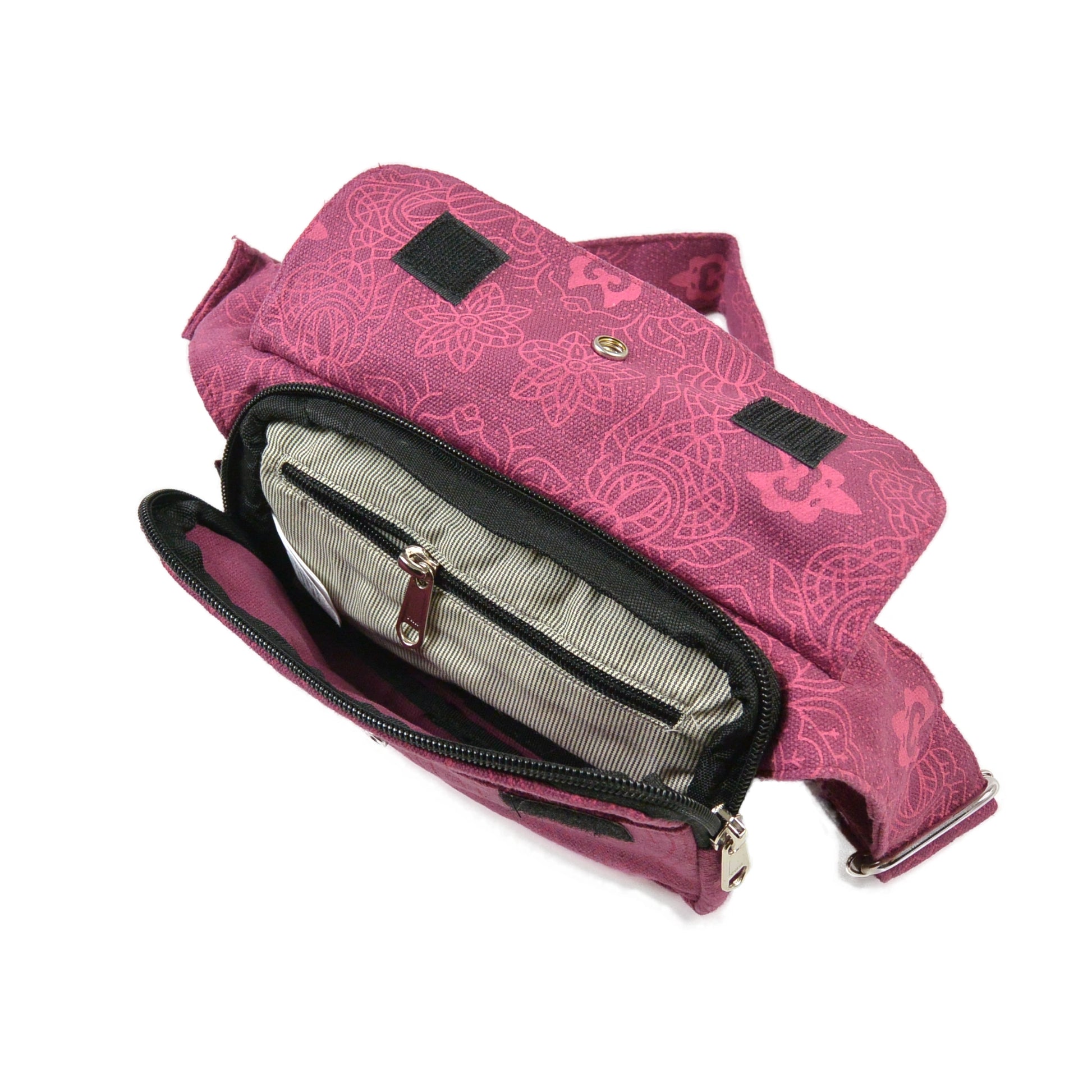 Fuchsiafarbene Nijens Hüfttasche Kathmandu mit dezentem floralen Muster und Druckknopf-Verschluss – Innenansicht
