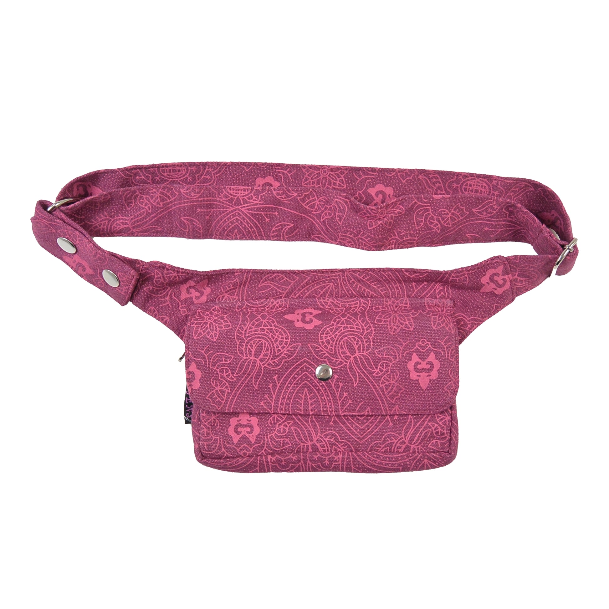 Fuchsiafarbene Nijens Hüfttasche Kathmandu mit dezentem floralen Muster und Druckknopf-Verschluss – Vorderansicht auf weißem Hintergrund