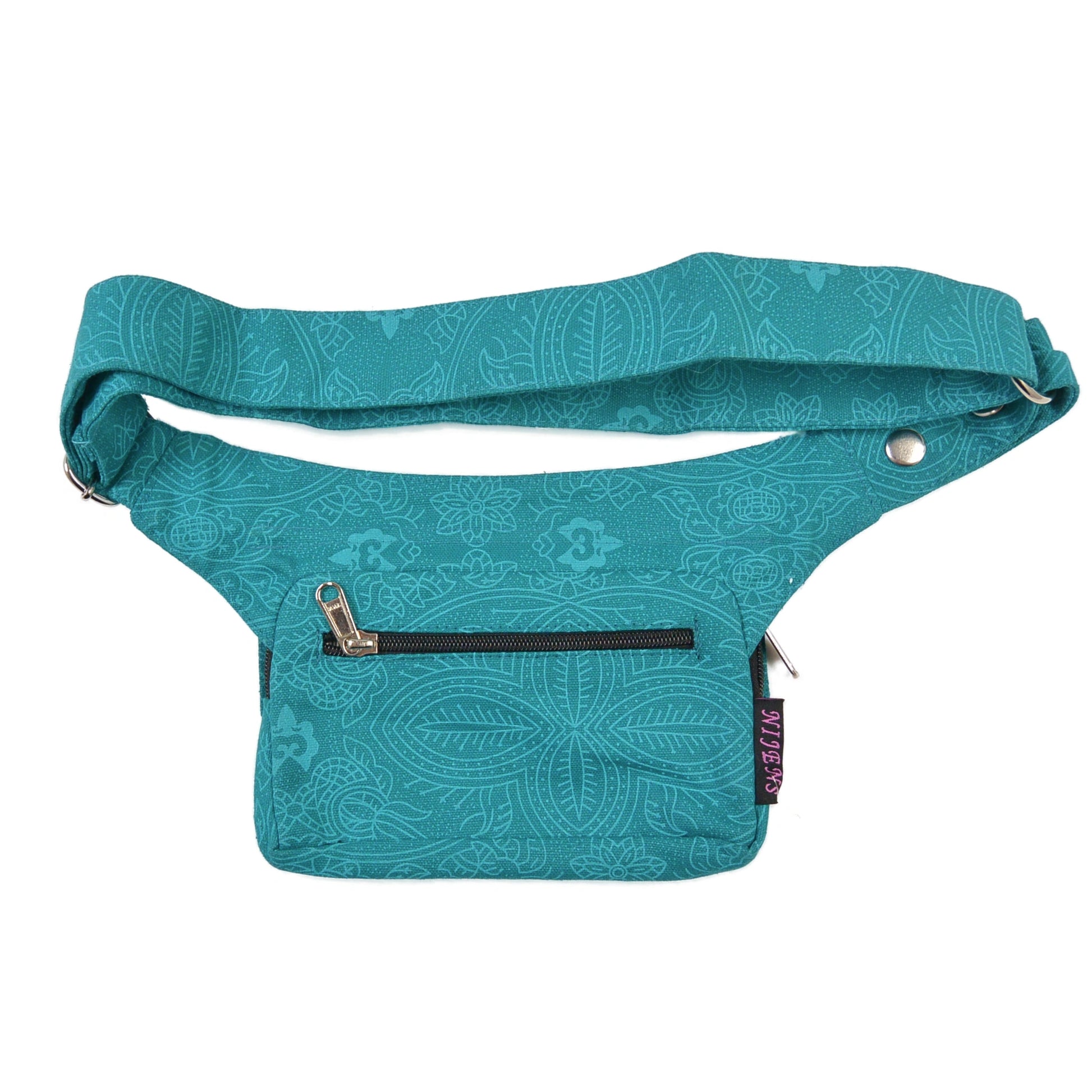 Türkisfarbene Nijens Hüfttasche Kathmandu mit dezentem floralen Muster und Druckknopf-Verschluss - Rückansicht