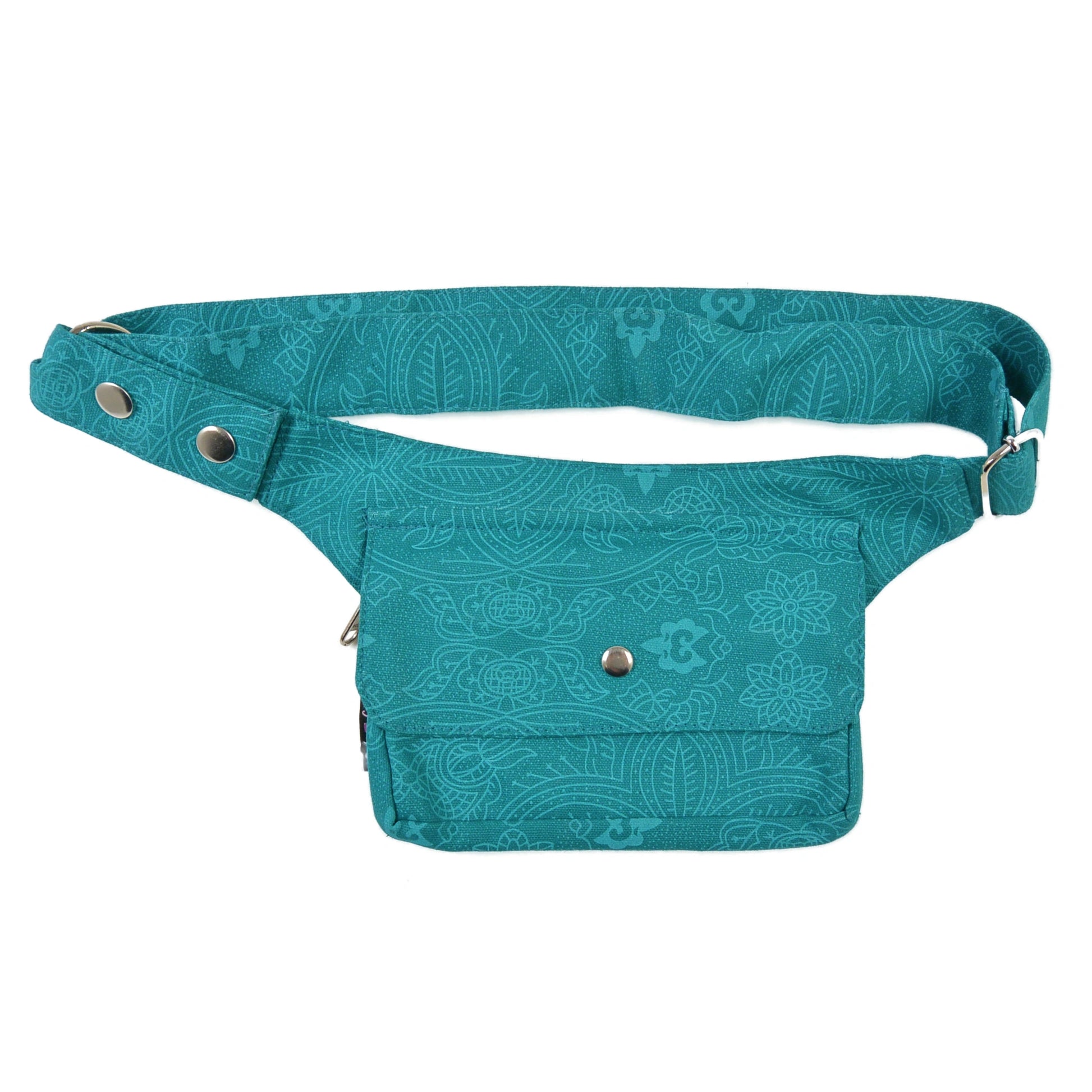 Türkisfarbene Nijens Hüfttasche Kathmandu mit dezentem floralen Muster und Druckknopf-Verschluss – Vorderansicht auf weißem Hintergrund