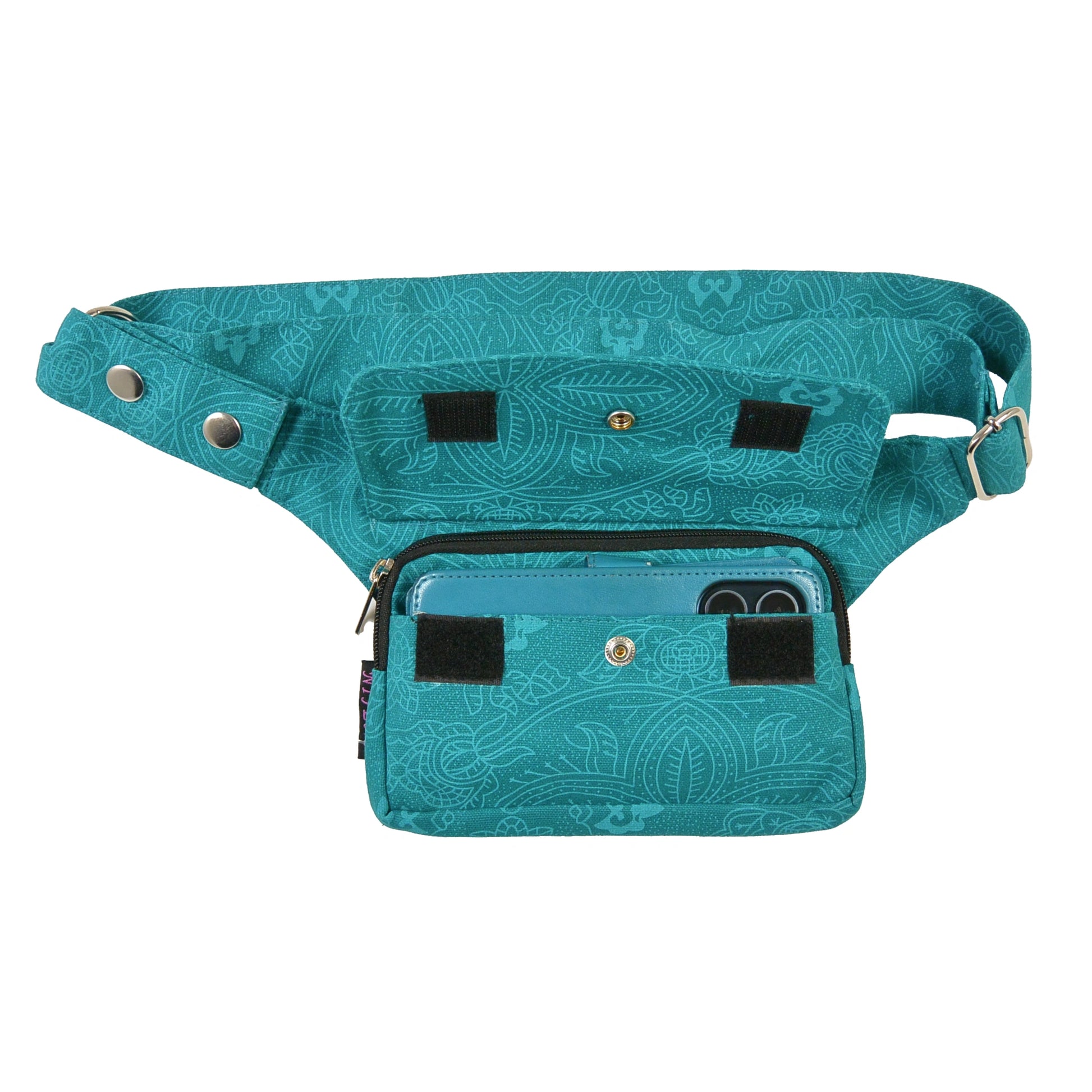 Türkisfarbene Nijens Hüfttasche Kathmandu mit dezentem floralen Muster und Druckknopf-Verschluss 