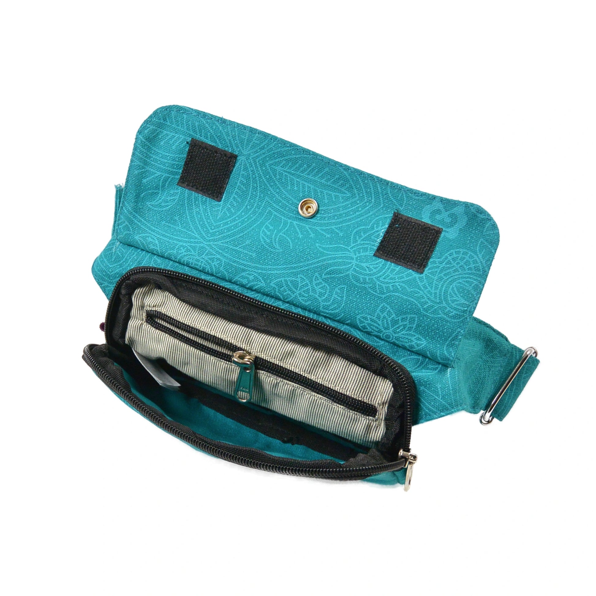 Türkisfarbene Nijens Hüfttasche Kathmandu mit dezentem floralen Muster und Druckknopf-Verschluss - Innenansicht