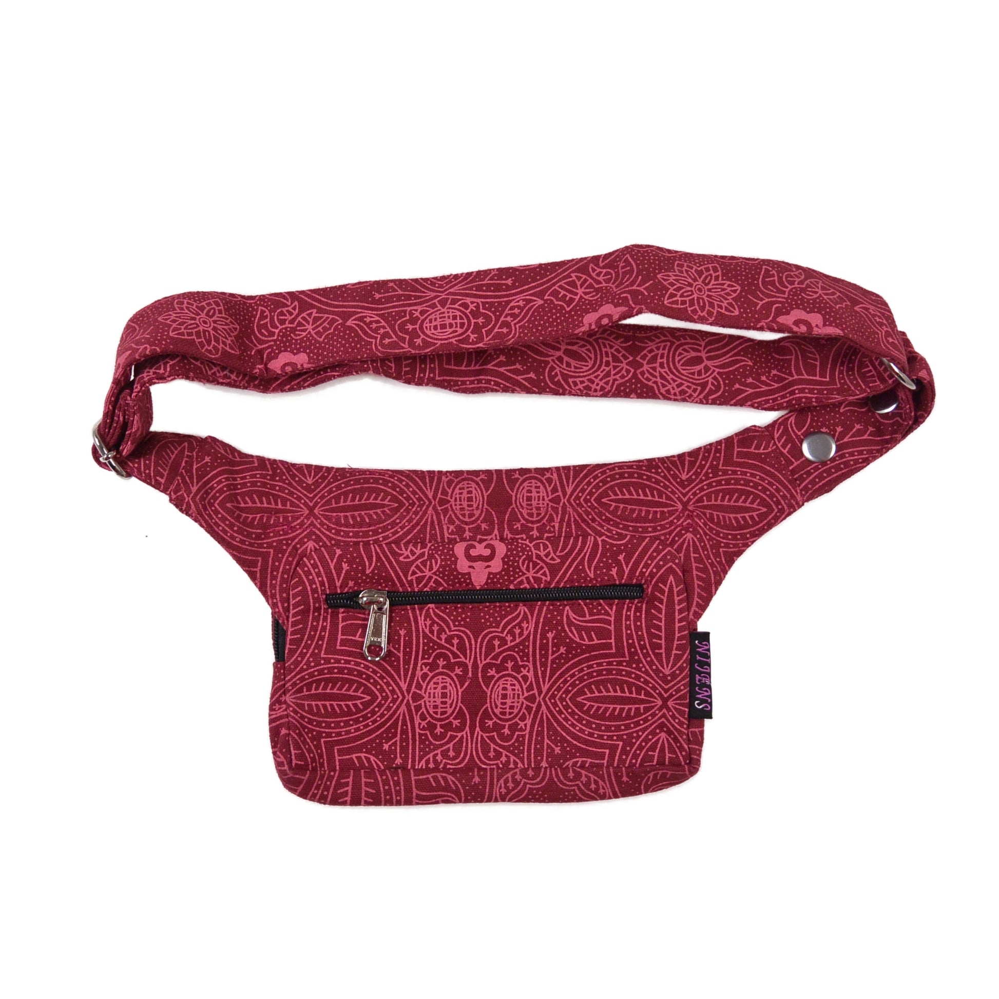 Rückansicht der roten Nijens Bauchtasche mit Reißverschlussfach und floralem Muster