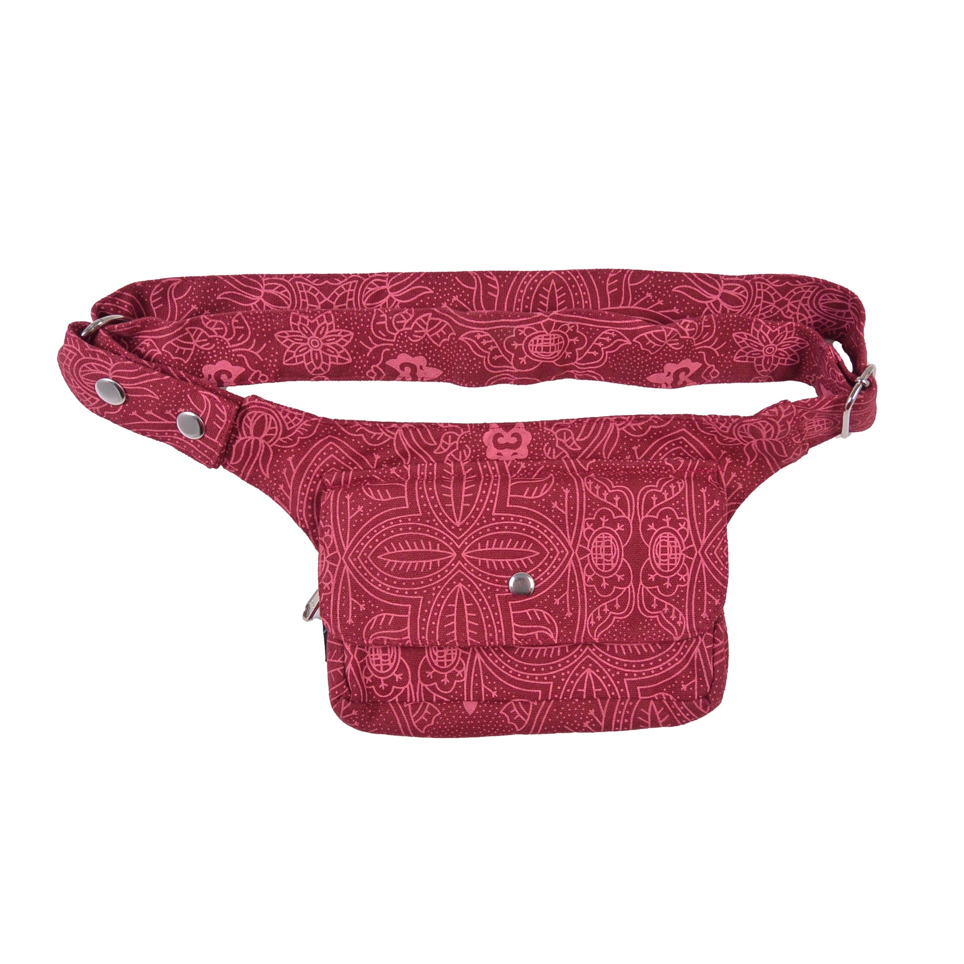 Rote Canvas Bauchtasche mit Druckknopf und Ethno-Design – kompakte Form und verstellbarer Gurt