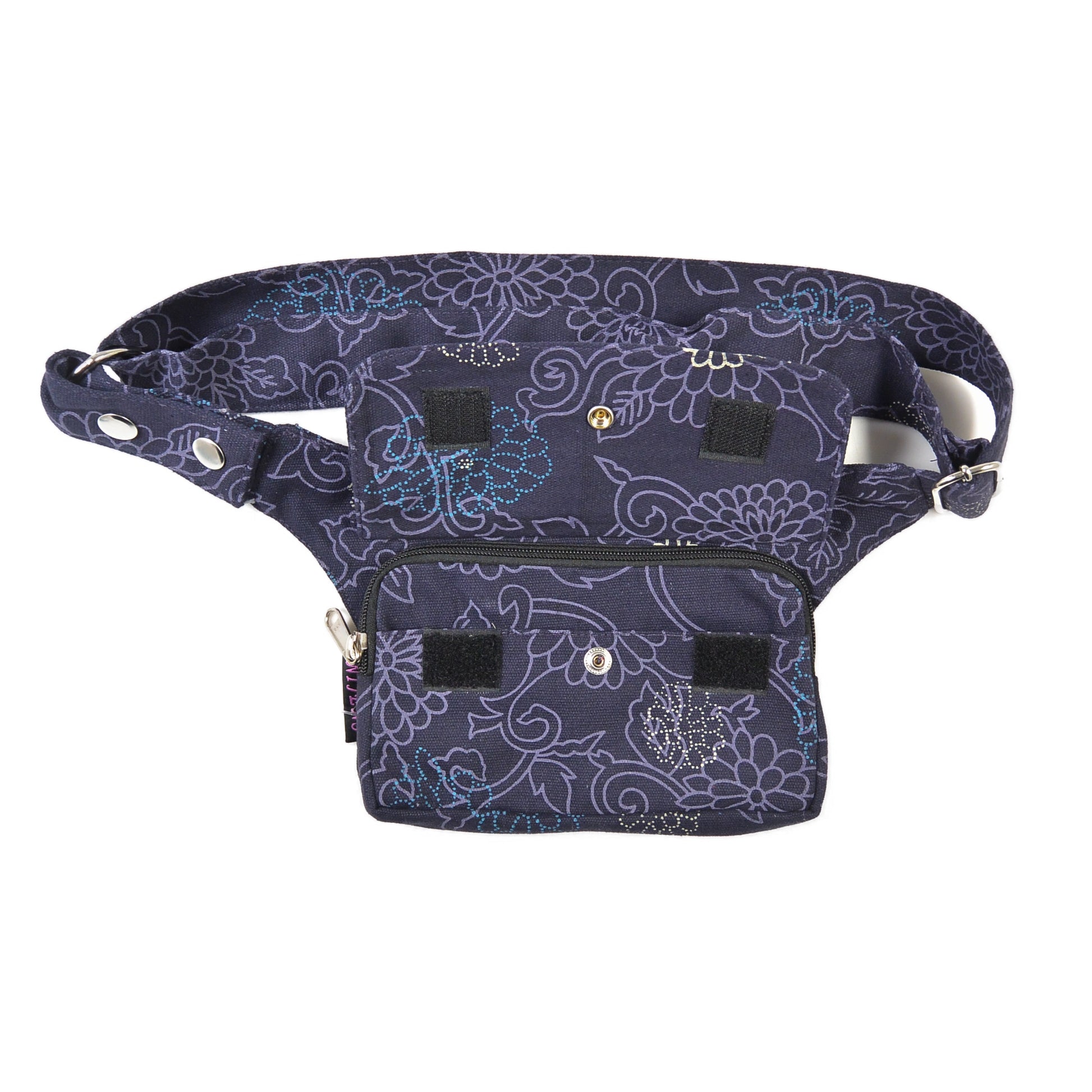 Dunkelblaue Nijens Bauchtasche mit floralen Lila Mustern und Klettverschlüssen auf der Vorderseite