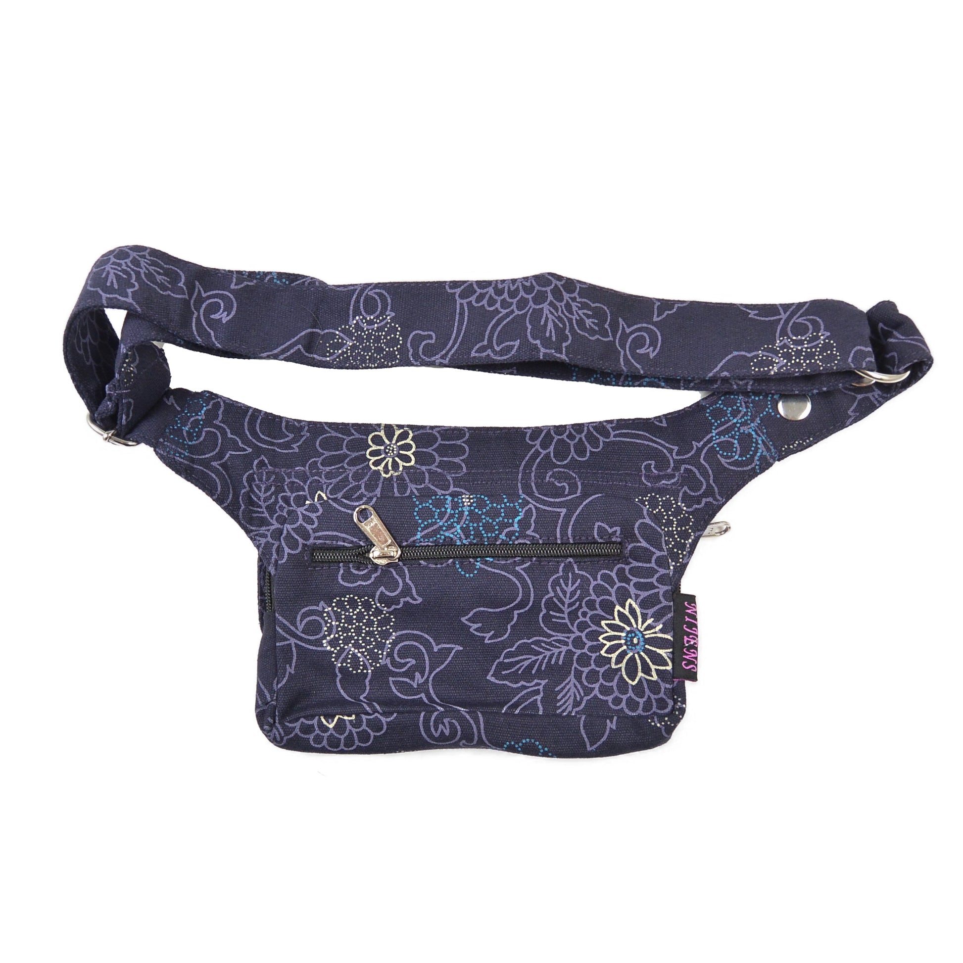 Rückansicht der dunkelblauen Kathmandu Hüfttasche von Nijens mit floralen Linien und Reißverschlussfach