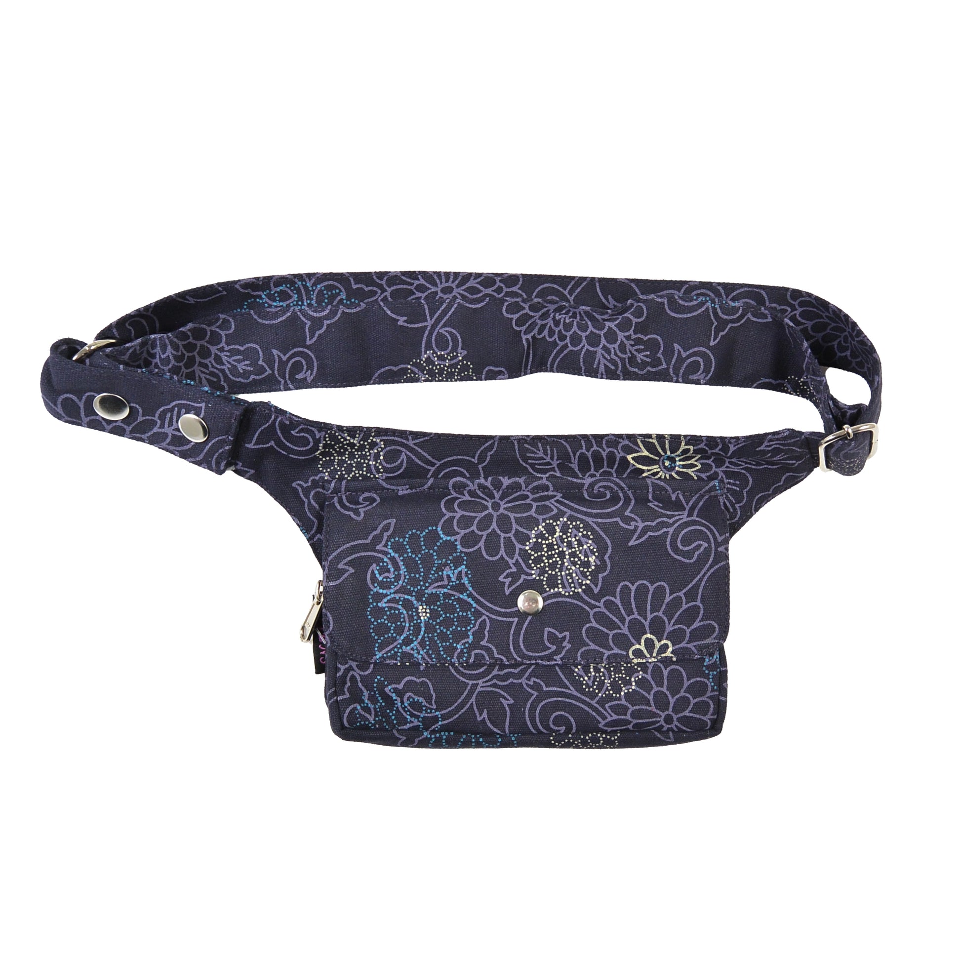 Kathmandu Hüfttasche in Dunkelblau mit dezentem Blumenmuster und Druckknopf auf der Vorderseite