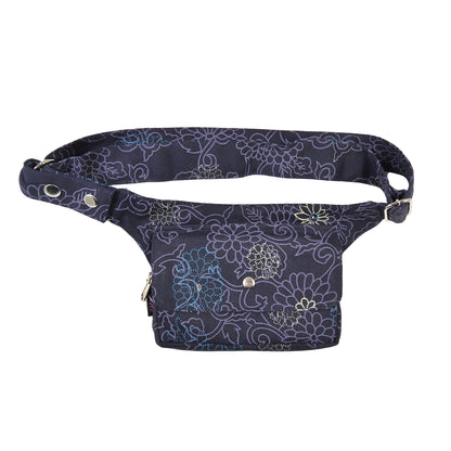 Kathmandu Hüfttasche in Dunkelblau mit dezentem Blumenmuster und Druckknopf auf der Vorderseite