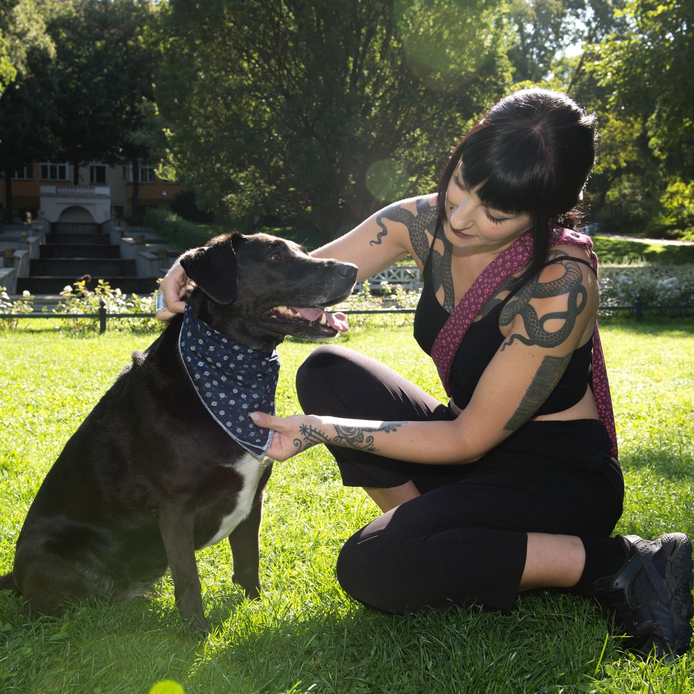 Eine Frau in schwarzer Kleidung trägt ein blaues Halstuch an einem schwarzen Hund, in einem Sommerpark.