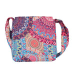 Umhängetasche aus Stoff mit farbenfrohem Mandala-Muster in Rosa, Blau und Gelb – kleine Tasche Chotu von Nijens