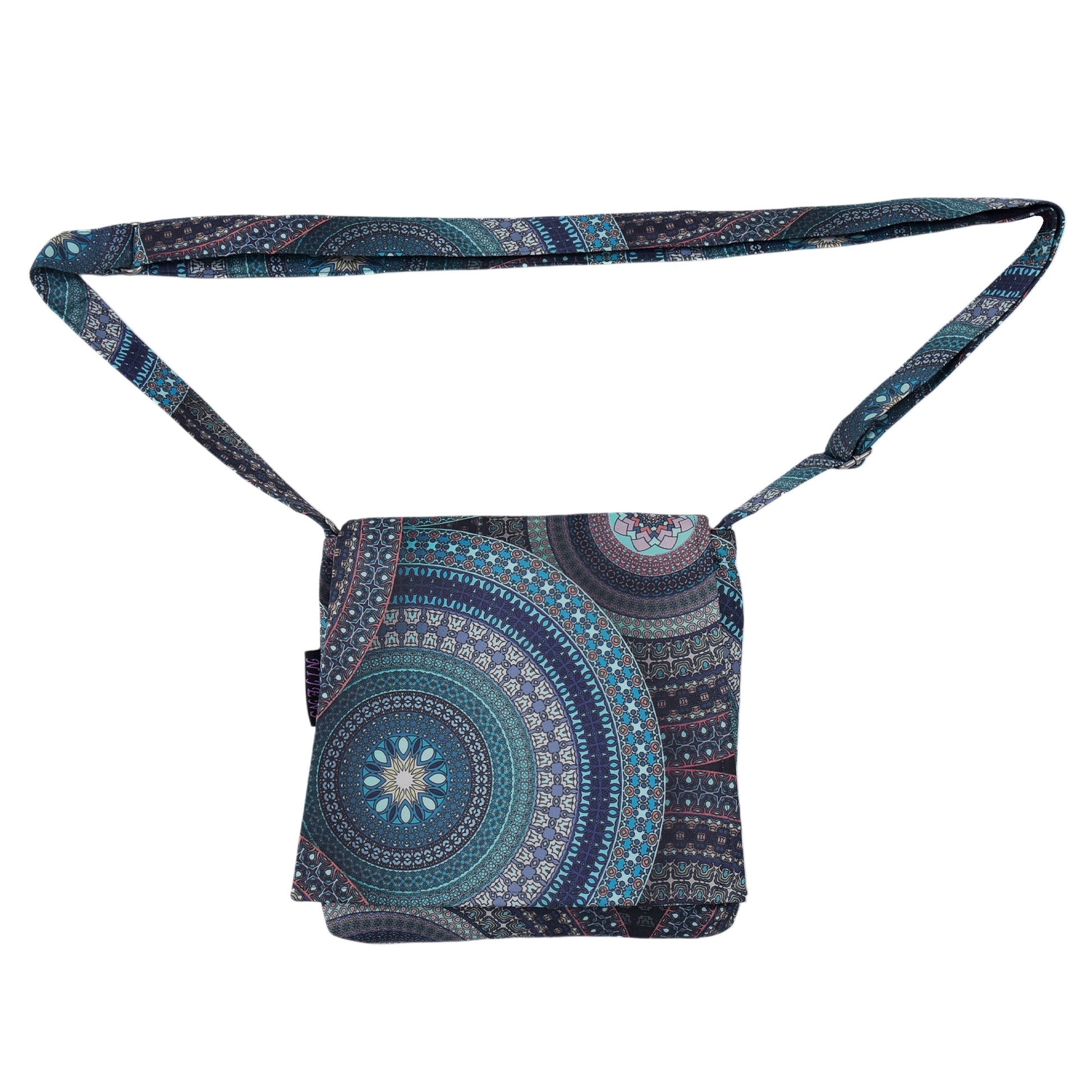 Wasserabweisende Umhängetasche aus Stoff mit blau-türkisem Mandala-Muster – kleine Tasche von Nijens