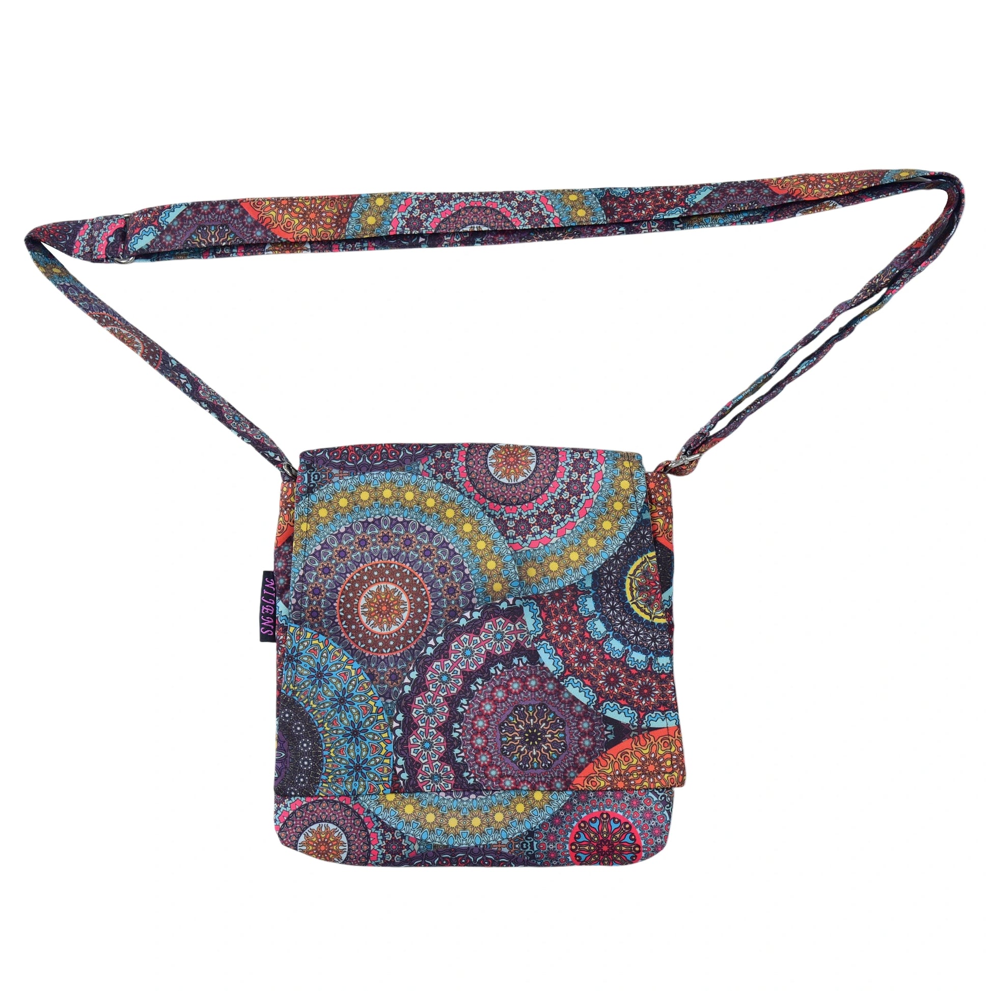 Wasserabweisende Umhängetasche aus Stoff mit farbenfrohem Mandala-Muster in Rot, Blau und Gelb – kleine Tasche von Nijens