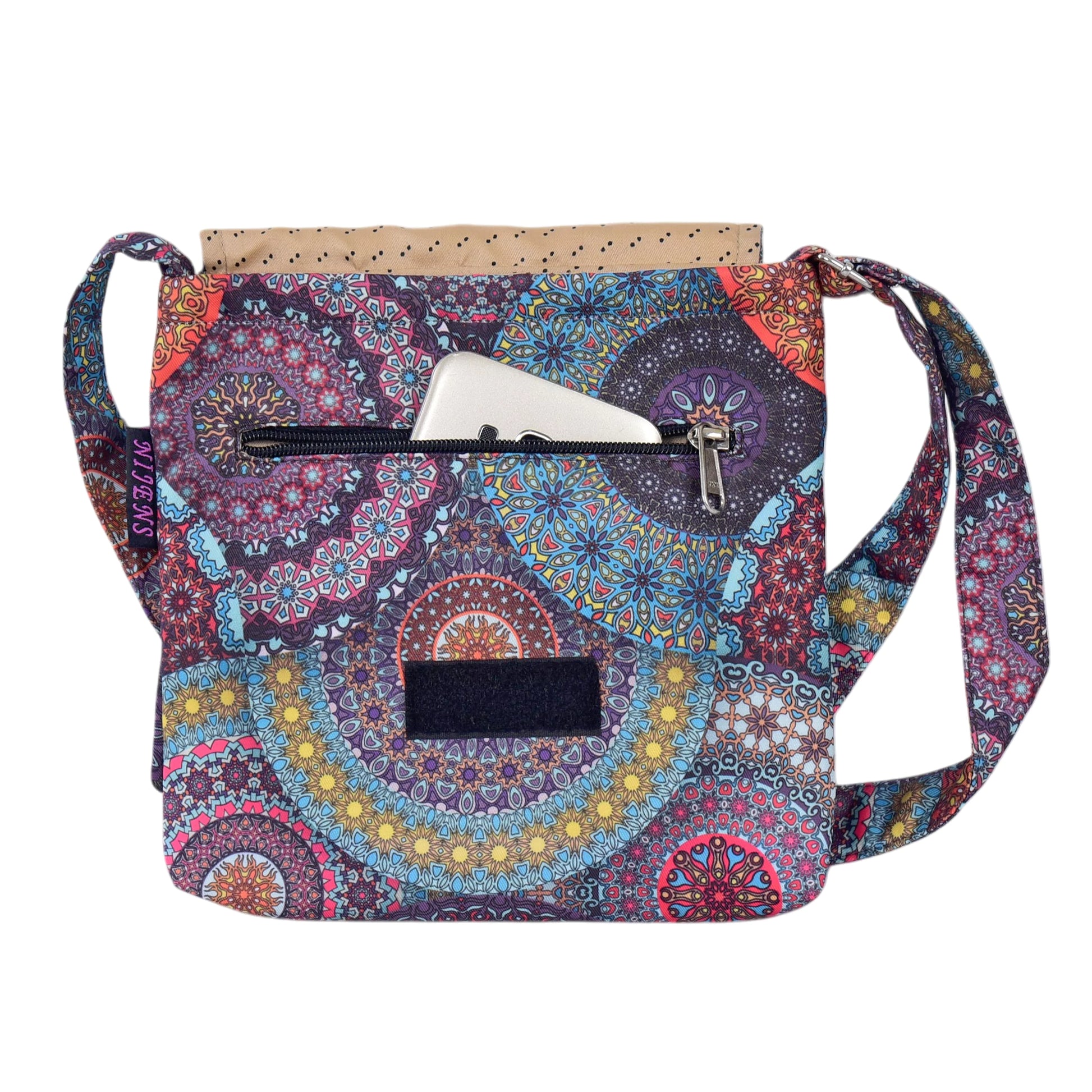 Wasserabweisende Umhängetasche aus Stoff mit farbenfrohem Mandala-Muster in Rot, Blau und Gelb – Perfekt für Handy
