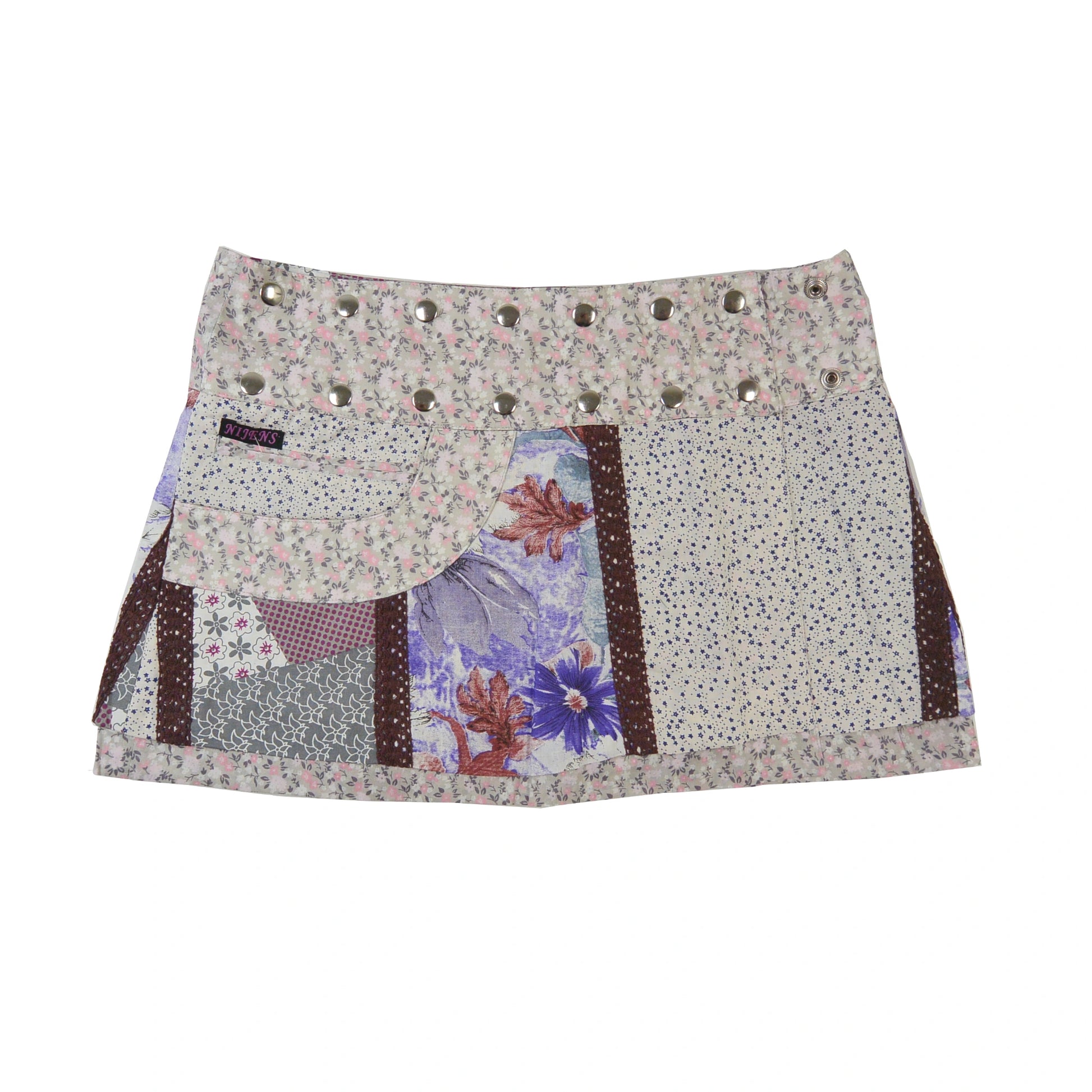 Sommerrock aus Baumwolle Beige in buntem Mustermix. Umfang ist verstellbar mit doppelter Druckknopfleiste mit Seitentasche.