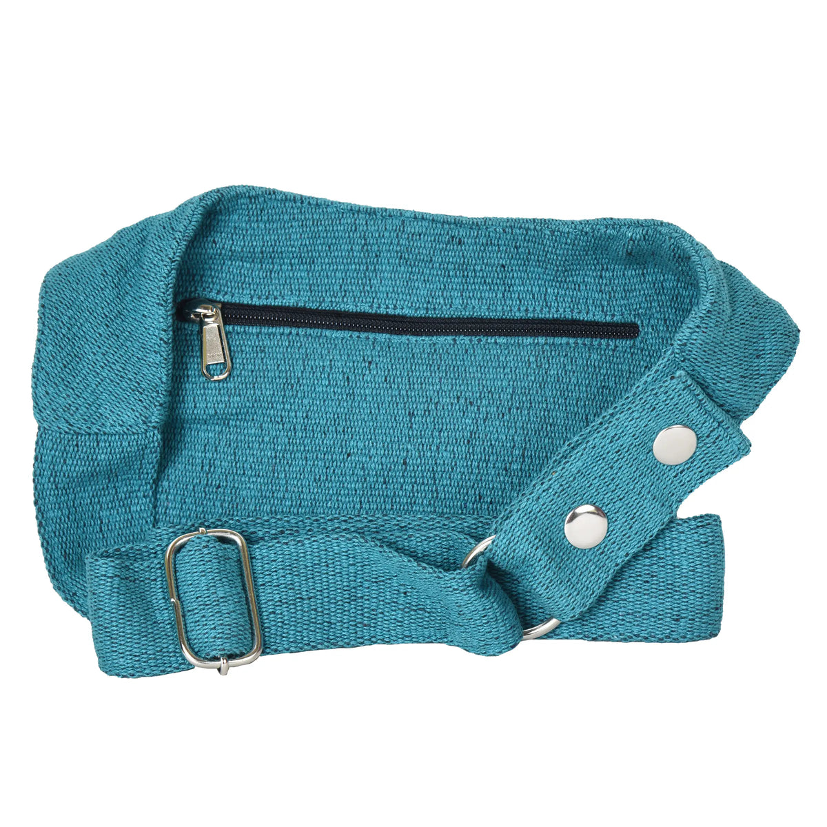Kleine Gassi-Tasche MAINZ aus Baumwoll-Canvas Petrolblau, Rückansicht mit Reißverschlussfach und Klappe