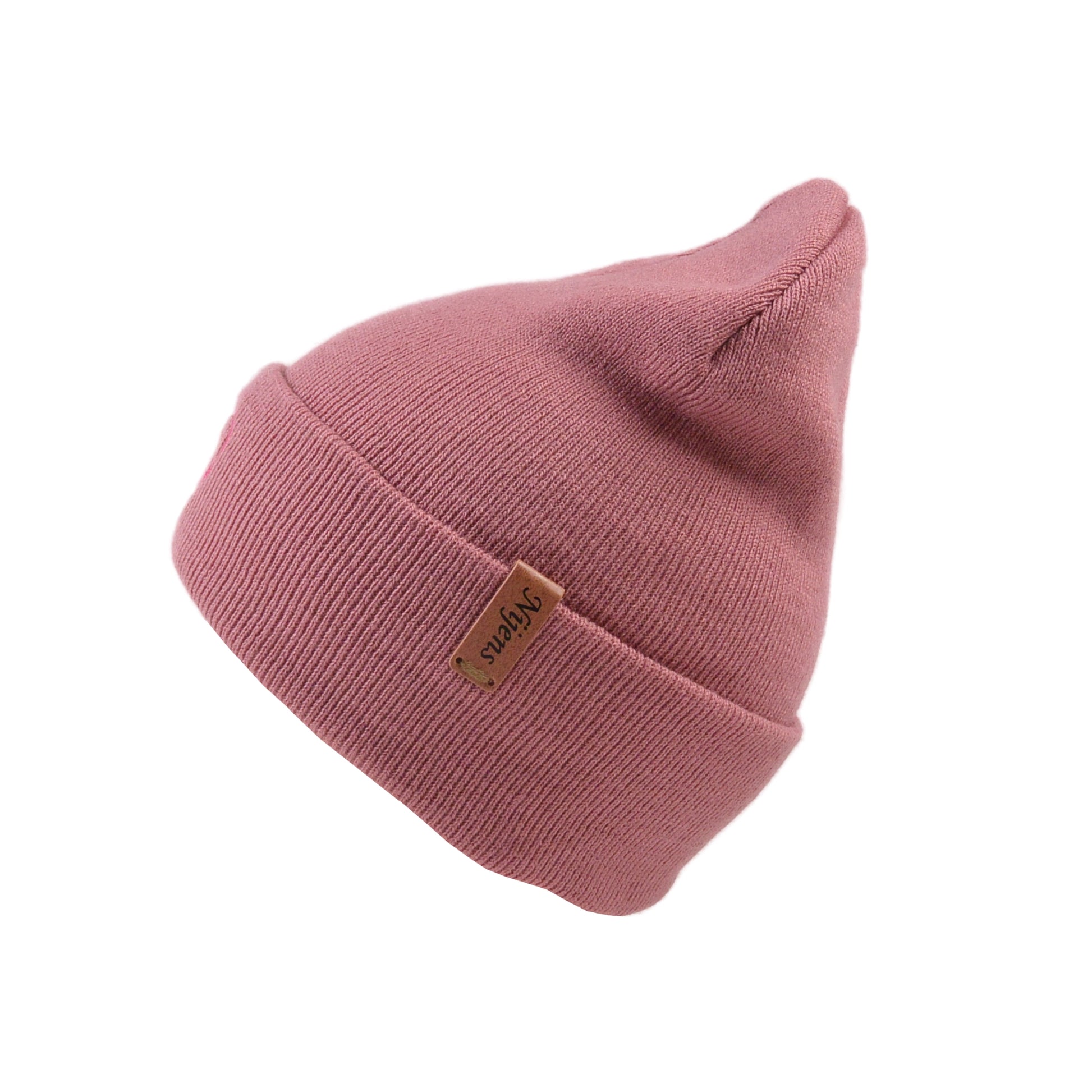 Seitenansicht der Nijens Beanie Leonberg aus Acryl Altrosa mit umgeschlagenem Rand 