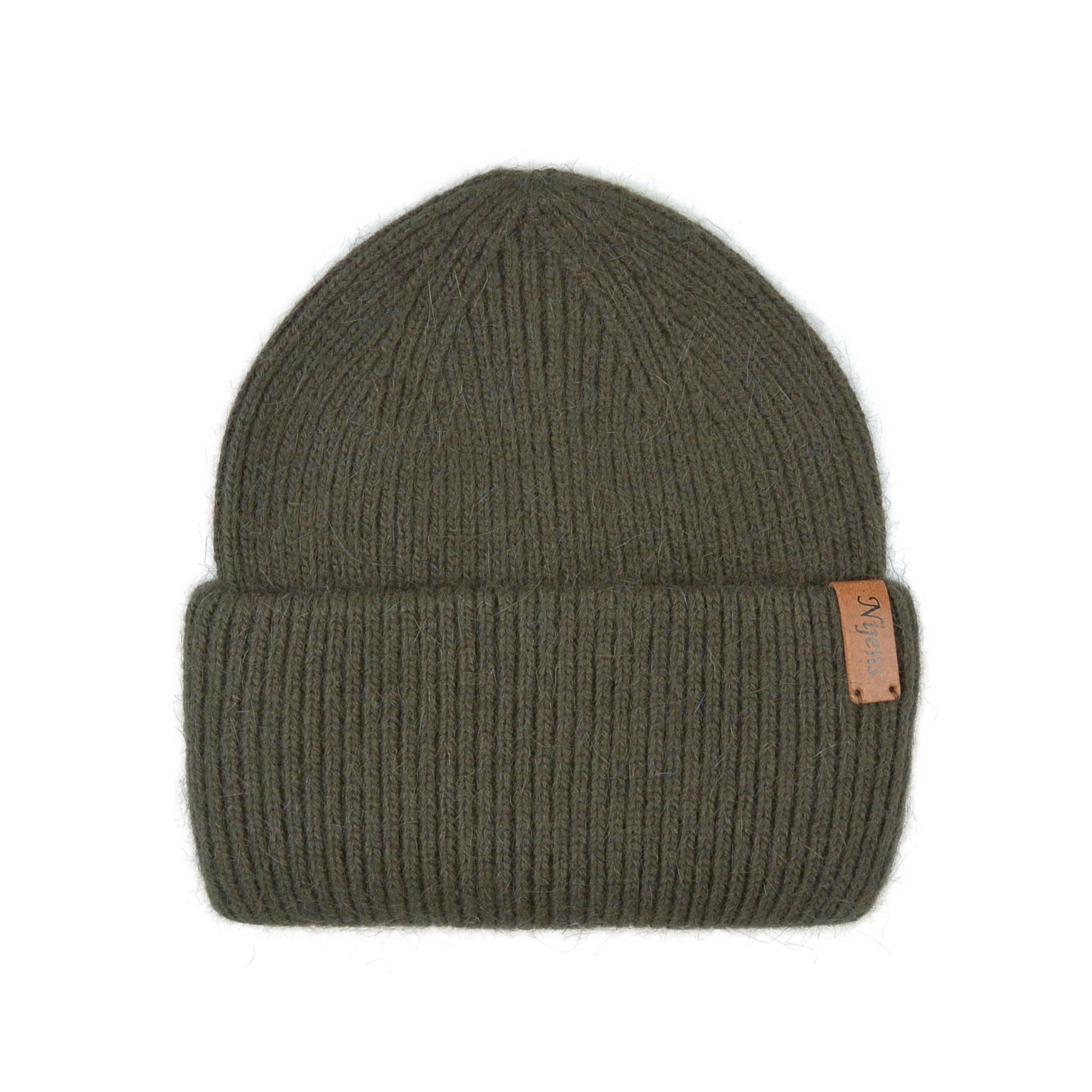 Vorderansicht der olivgrünen Angora Beanie Marseille vo