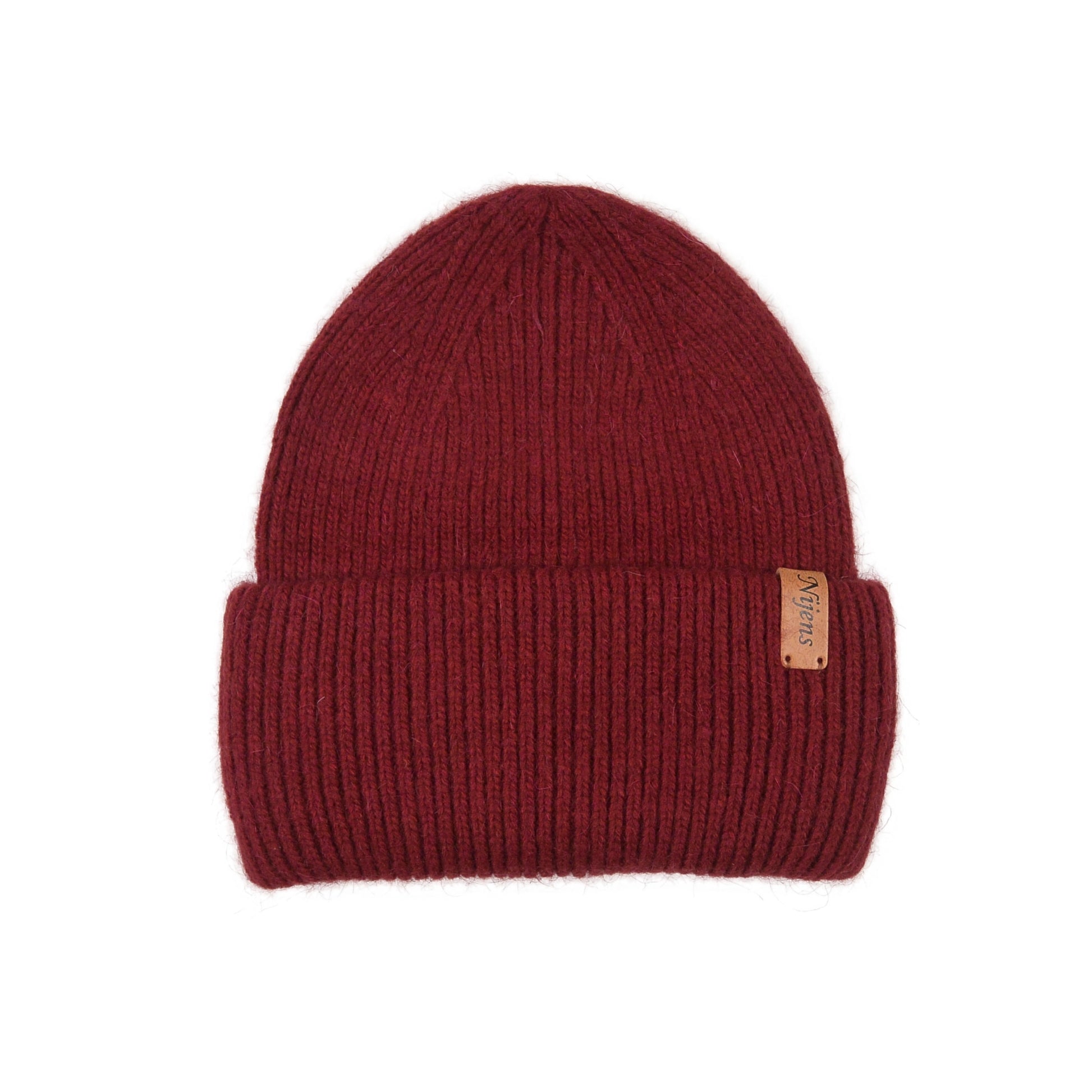 Vorderansicht der bordeauxroten Angora Beanie Marseille von Nijens 