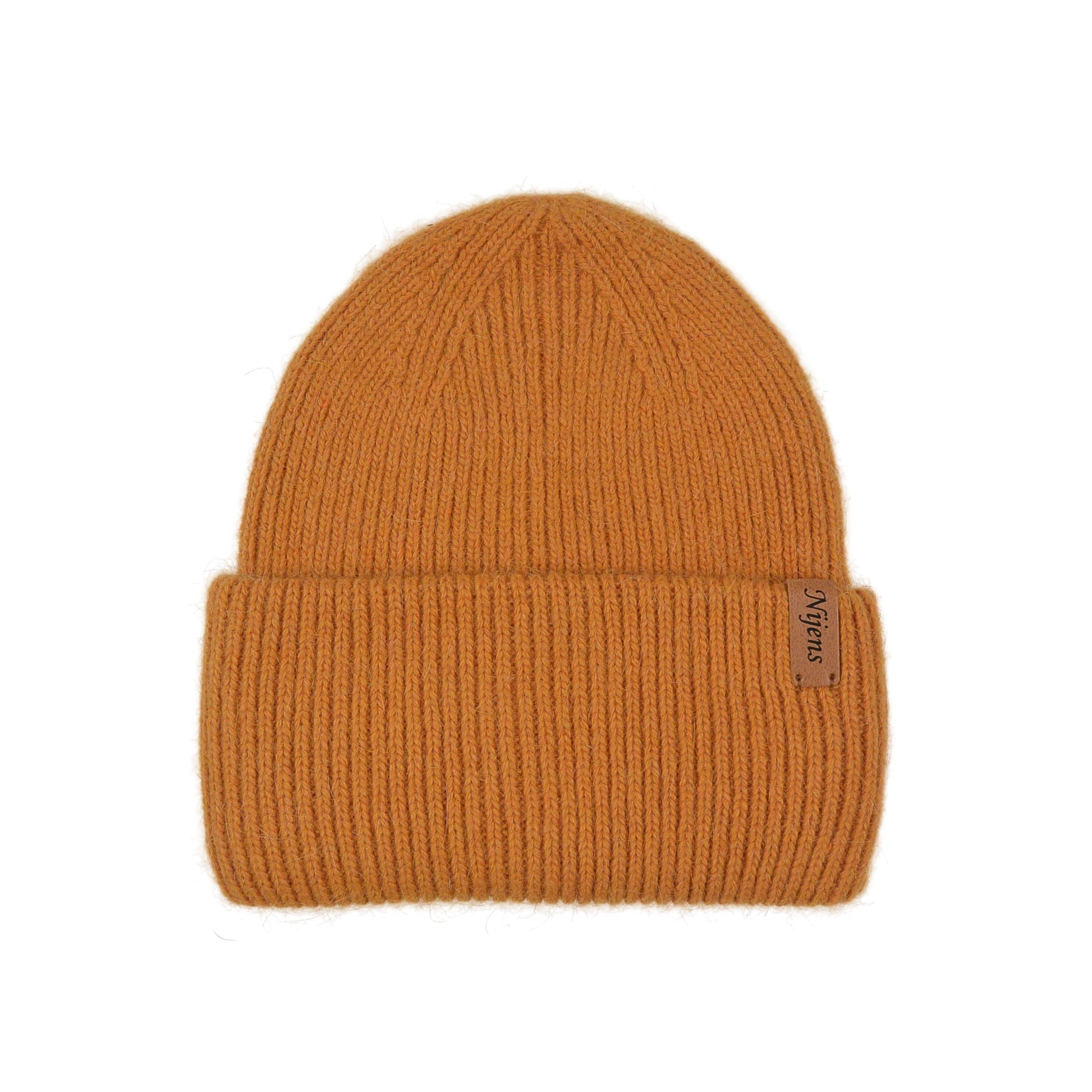 Vorderansicht der orangen Angora Beanie von Nijens